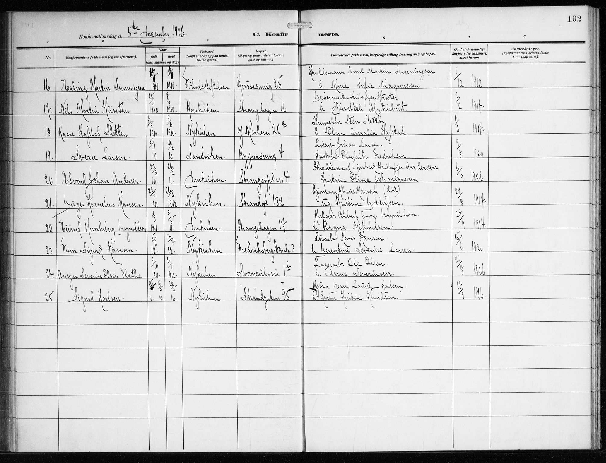 Nykirken Sokneprestembete, AV/SAB-A-77101/H/Haa/L0029: Parish register (official) no. C 8, 1913-1936, p. 102