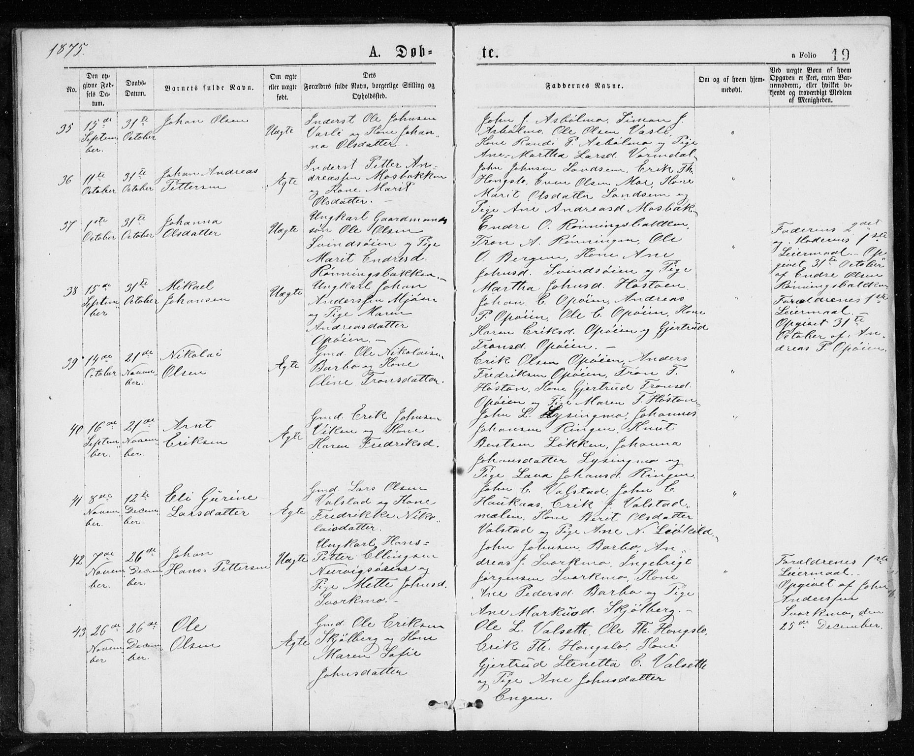 Ministerialprotokoller, klokkerbøker og fødselsregistre - Sør-Trøndelag, SAT/A-1456/671/L0843: Parish register (copy) no. 671C02, 1873-1892, p. 19