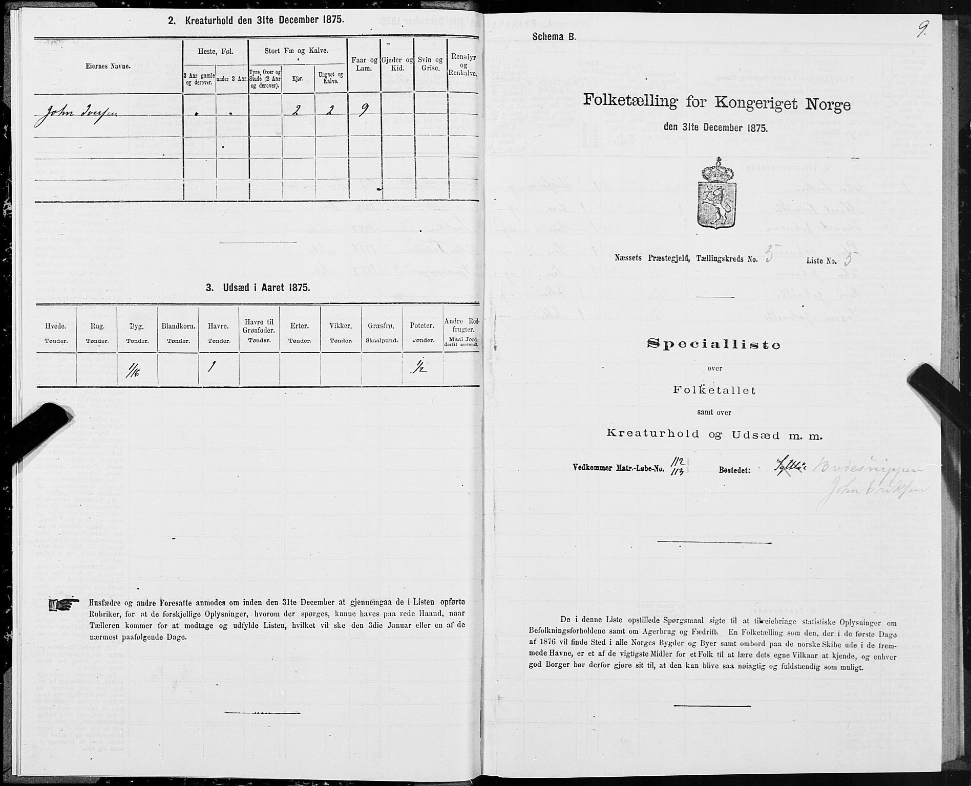 SAT, 1875 census for 1543P Nesset, 1875, p. 3009