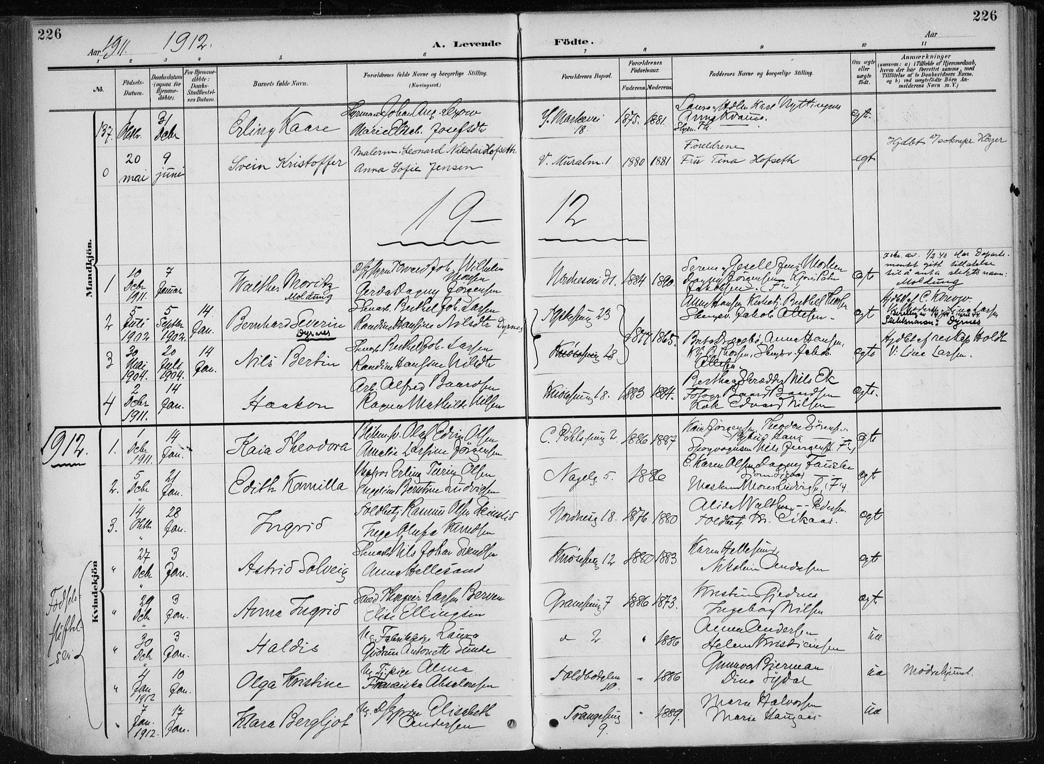 Nykirken Sokneprestembete, AV/SAB-A-77101/H/Haa/L0019: Parish register (official) no. B 7, 1904-1916, p. 226
