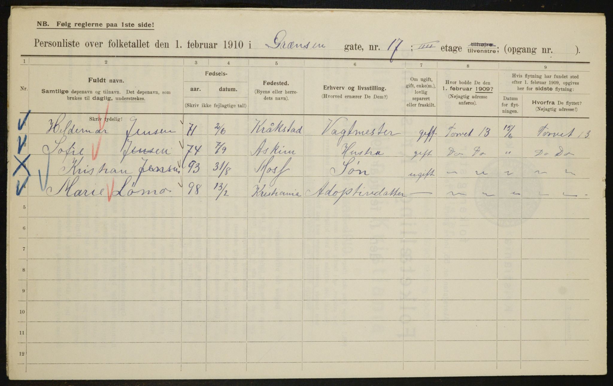 OBA, Municipal Census 1910 for Kristiania, 1910, p. 28369