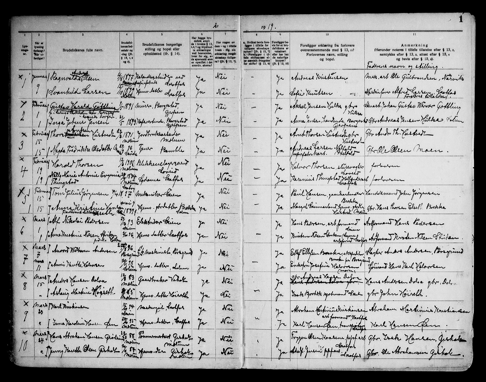 Solum kirkebøker, AV/SAKO-A-306/H/Ha/L0002: Banns register no. I 2, 1919-1946, p. 1