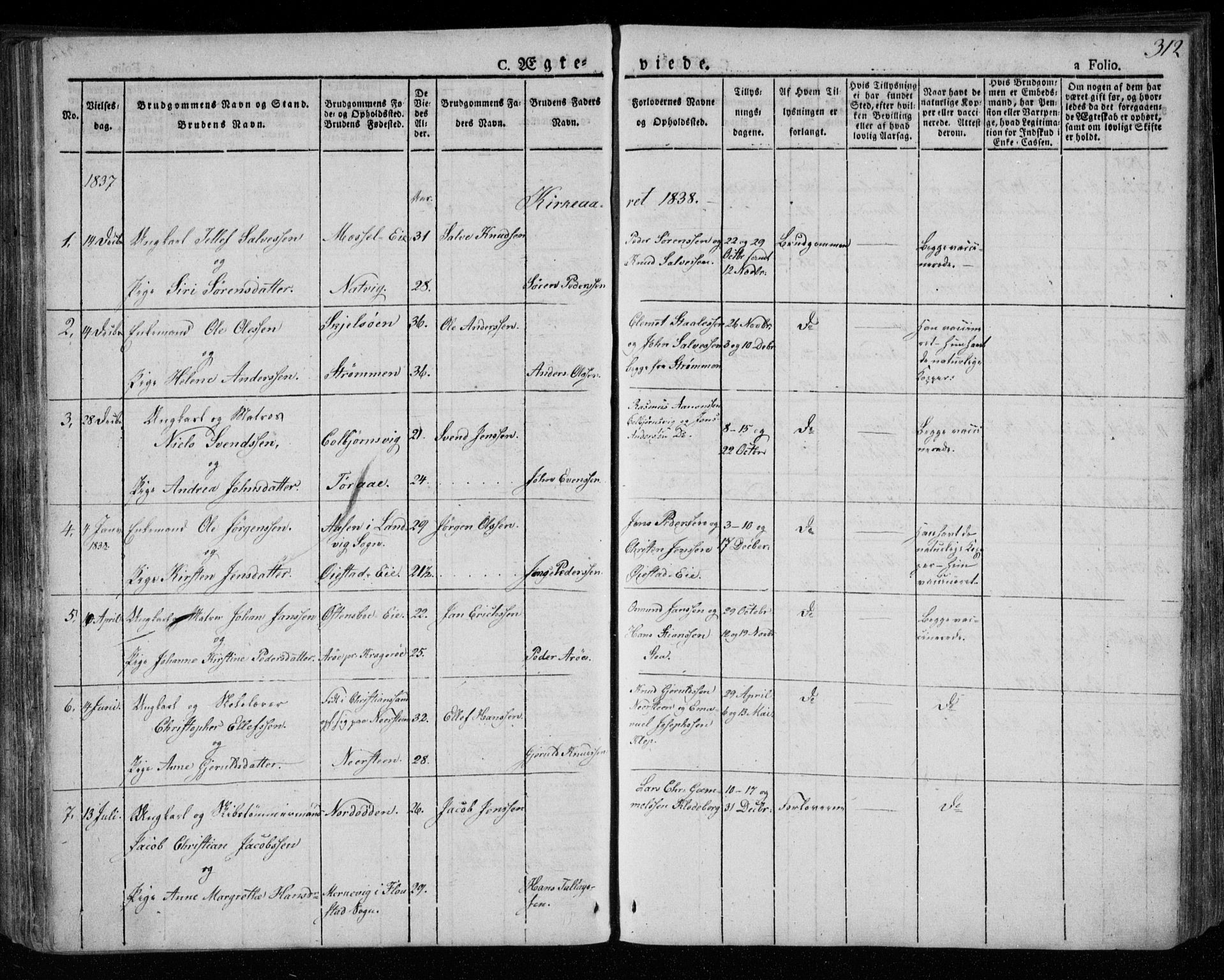 Øyestad sokneprestkontor, AV/SAK-1111-0049/F/Fa/L0013: Parish register (official) no. A 13, 1827-1842, p. 312