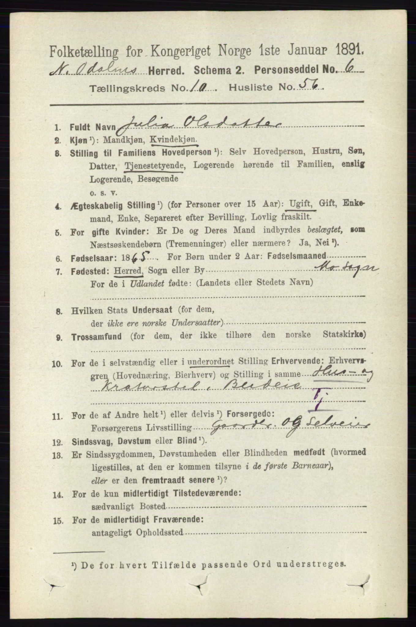 RA, 1891 census for 0418 Nord-Odal, 1891, p. 4860