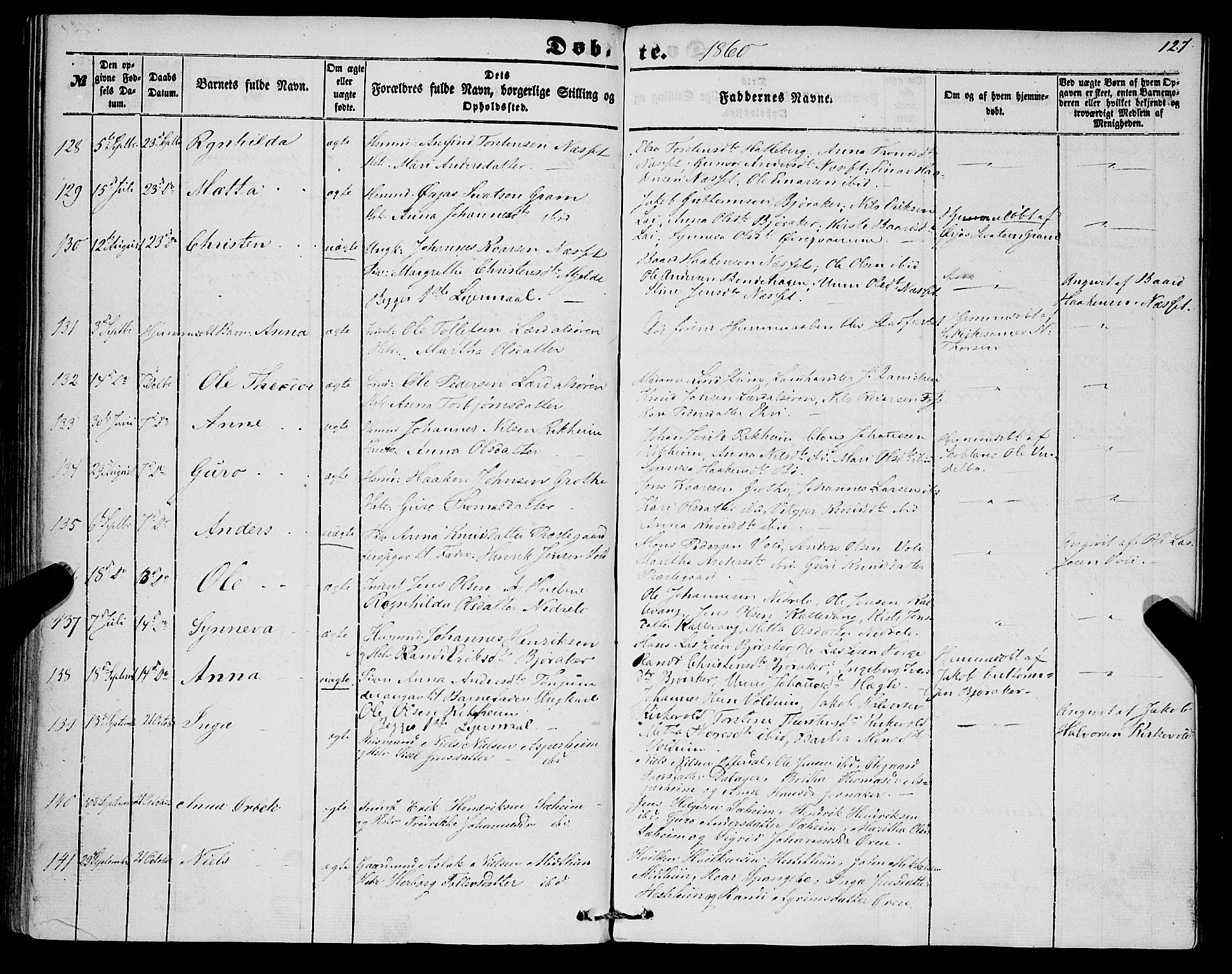 Lærdal sokneprestembete, SAB/A-81201: Parish register (official) no. A 11, 1850-1866, p. 127