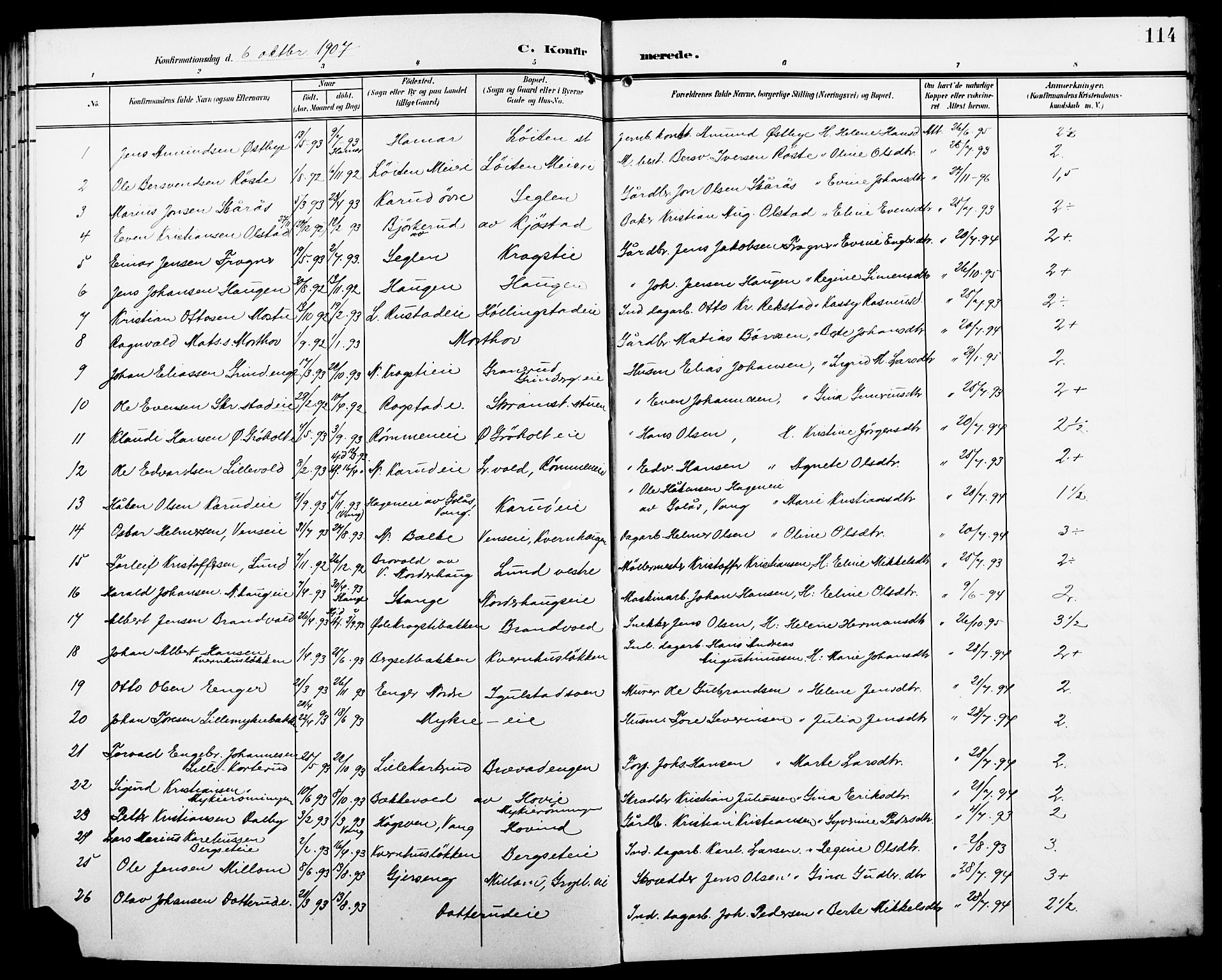 Løten prestekontor, SAH/PREST-022/L/La/L0007: Parish register (copy) no. 7, 1910-1919, p. 114