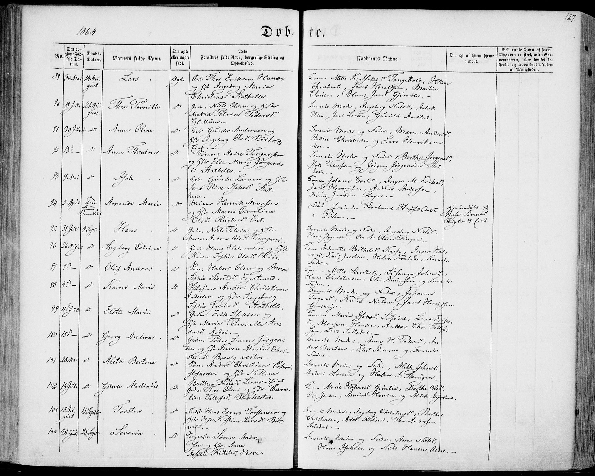 Bamble kirkebøker, AV/SAKO-A-253/F/Fa/L0005: Parish register (official) no. I 5, 1854-1869, p. 127