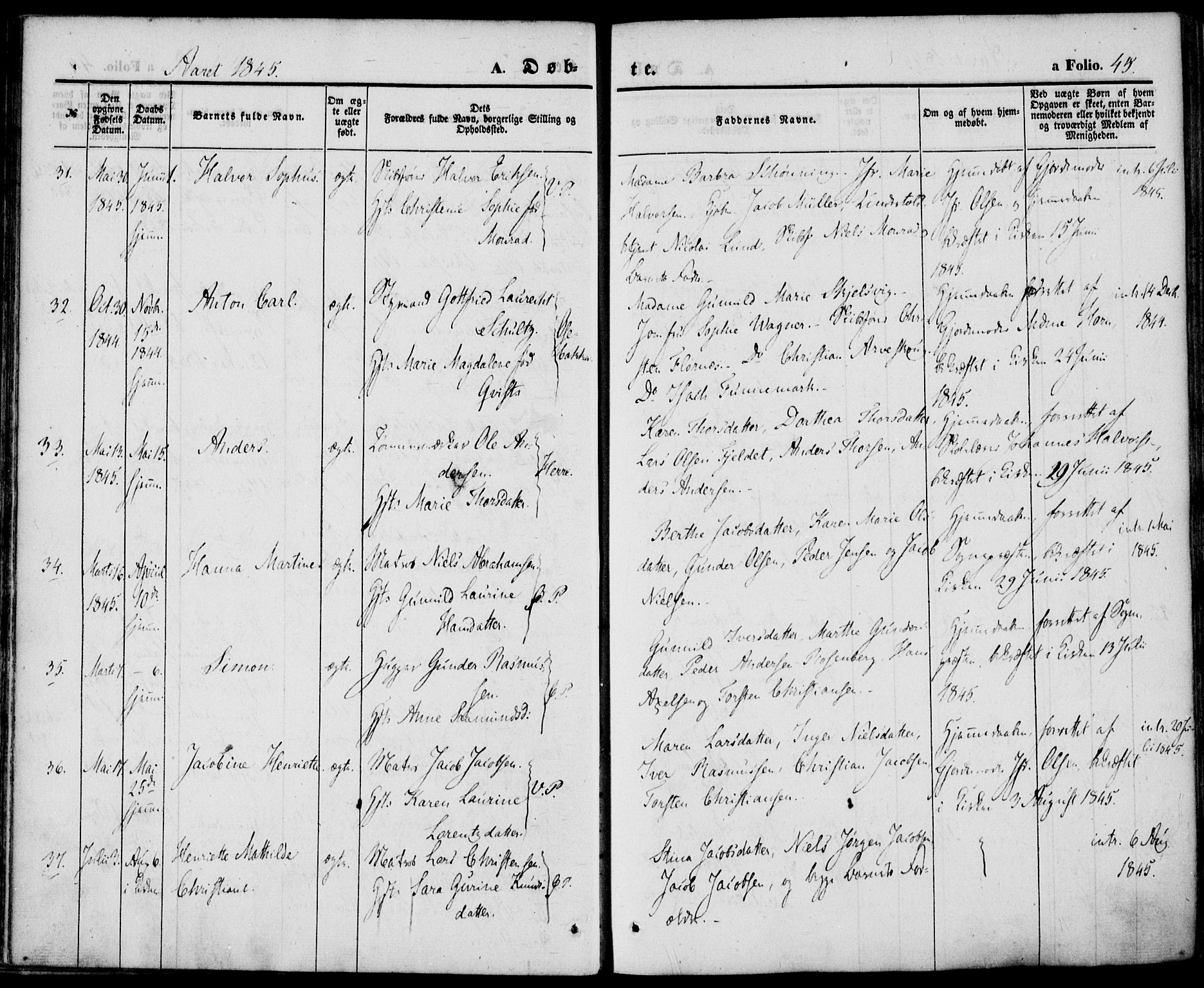 Porsgrunn kirkebøker , AV/SAKO-A-104/F/Fa/L0006: Parish register (official) no. 6, 1841-1857, p. 45