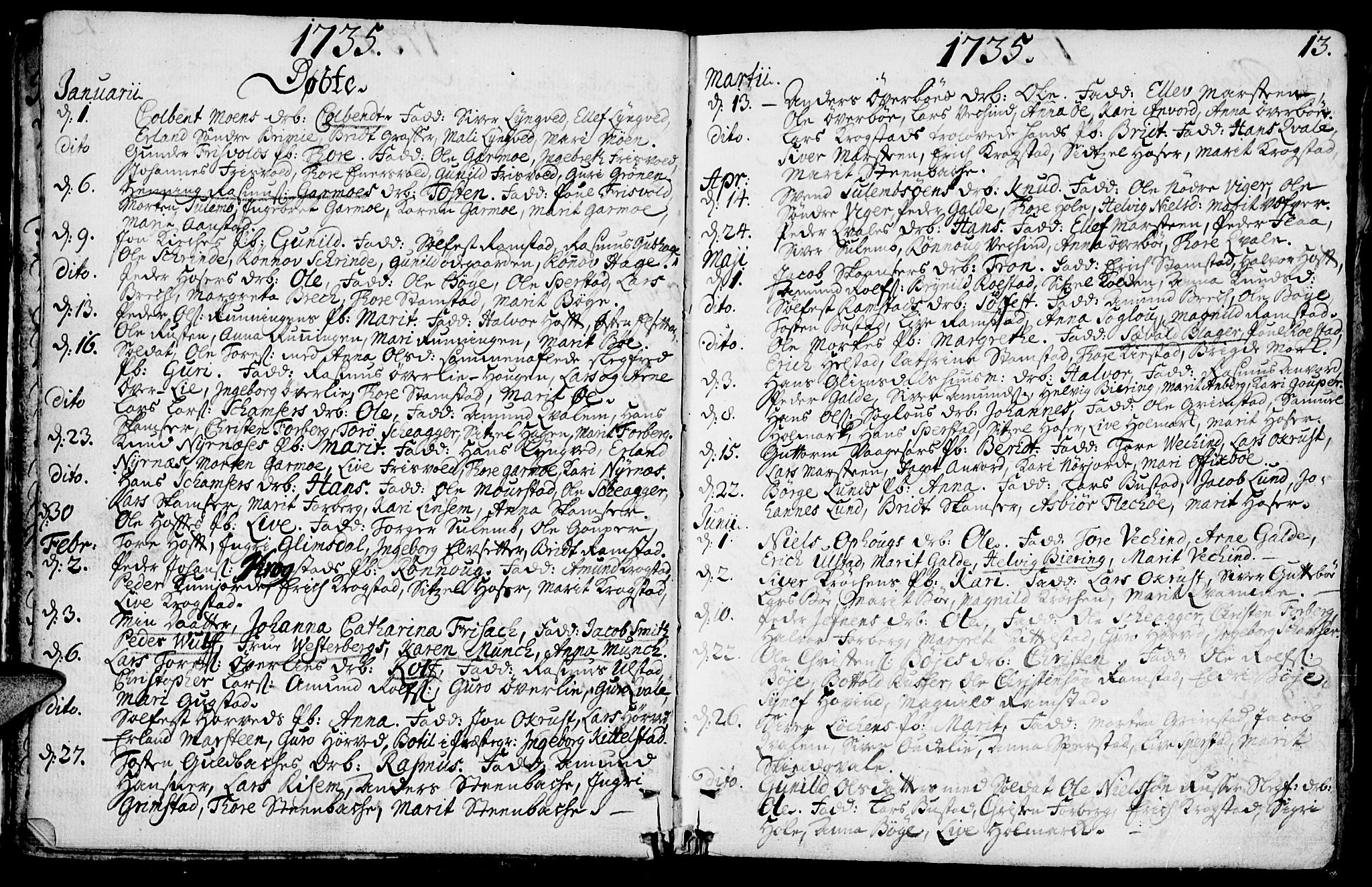 Lom prestekontor, SAH/PREST-070/K/L0001: Parish register (official) no. 1, 1733-1748, p. 13