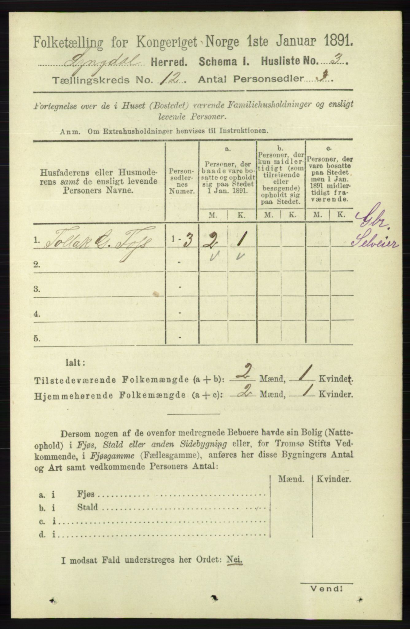 RA, 1891 census for 1032 Lyngdal, 1891, p. 5189