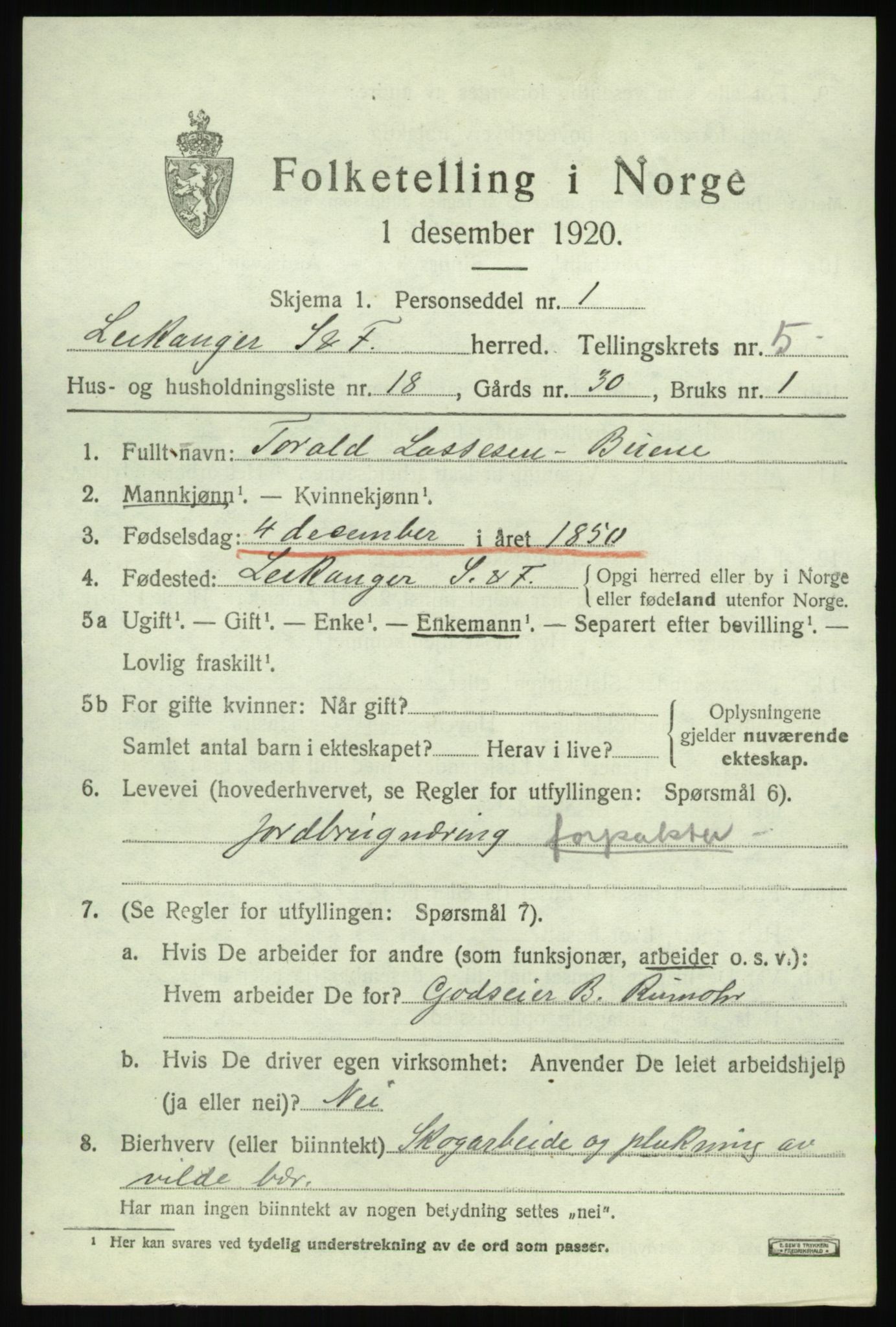 SAB, 1920 census for Leikanger, 1920, p. 3806