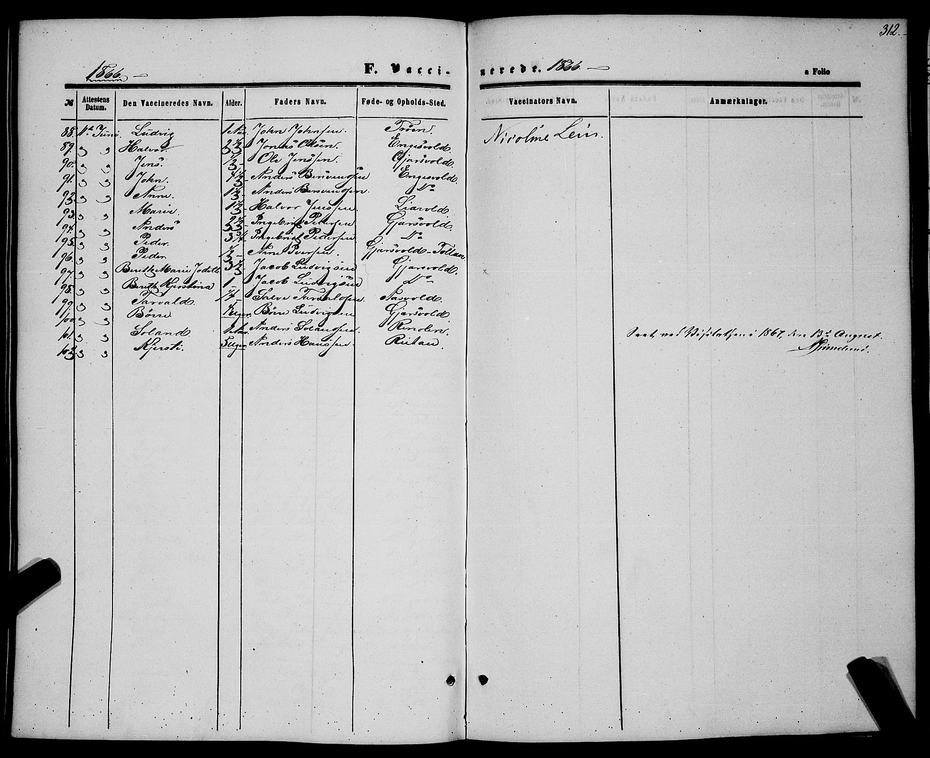 Ministerialprotokoller, klokkerbøker og fødselsregistre - Sør-Trøndelag, AV/SAT-A-1456/685/L0966: Parish register (official) no. 685A07 /1, 1860-1869, p. 312