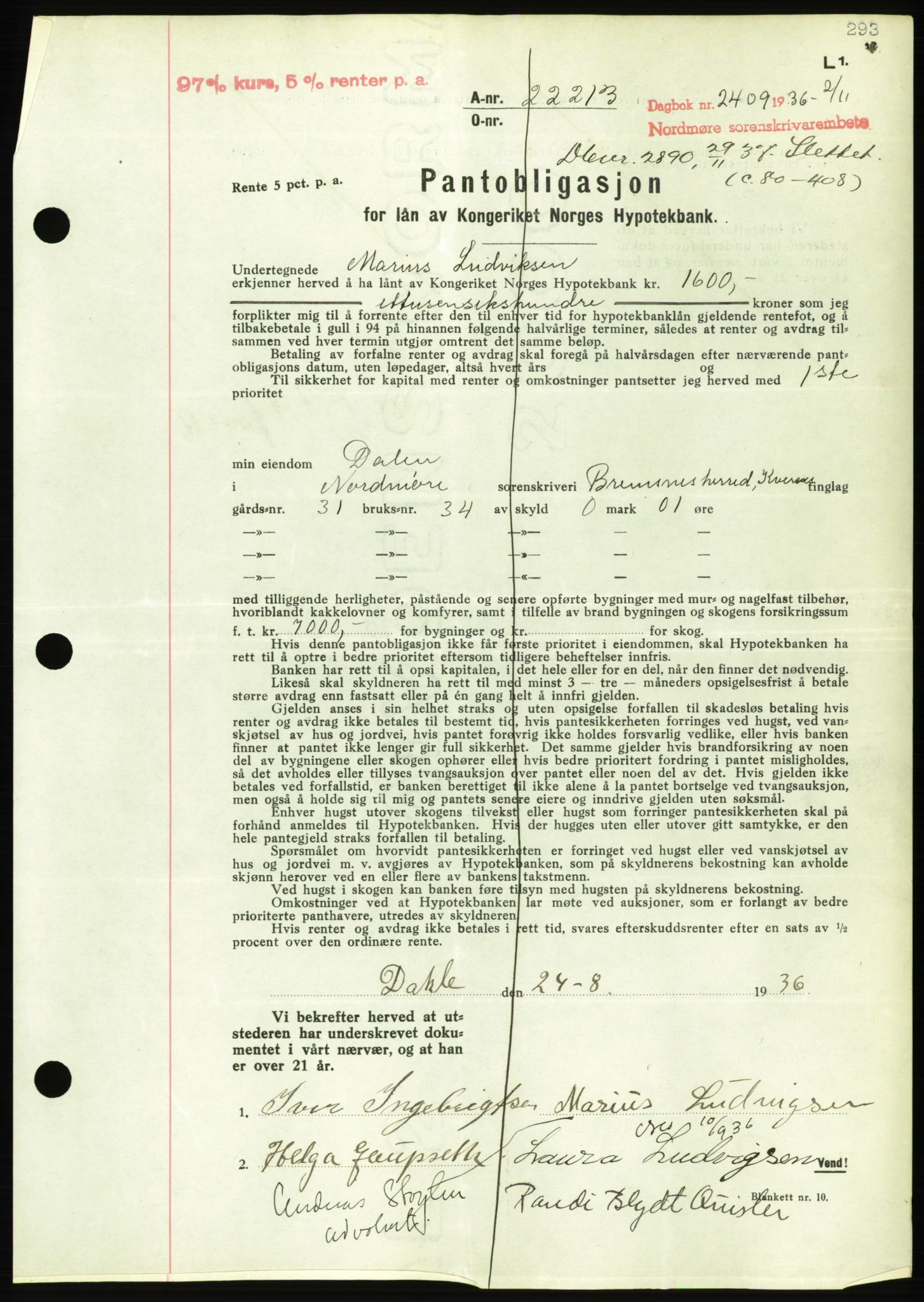 Nordmøre sorenskriveri, AV/SAT-A-4132/1/2/2Ca/L0090: Mortgage book no. B80, 1936-1937, Diary no: : 2409/1936