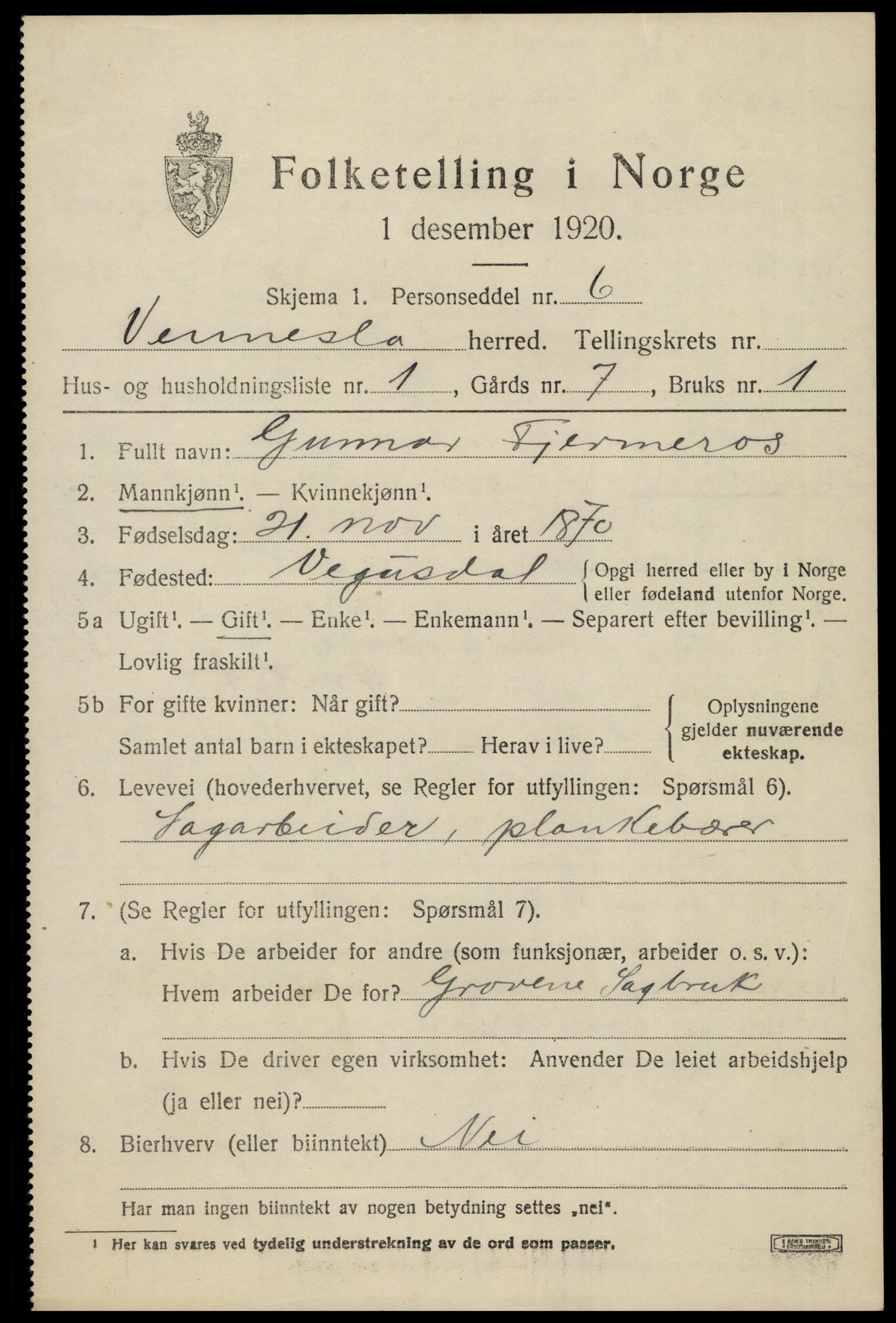 SAK, 1920 census for Vennesla, 1920, p. 6730