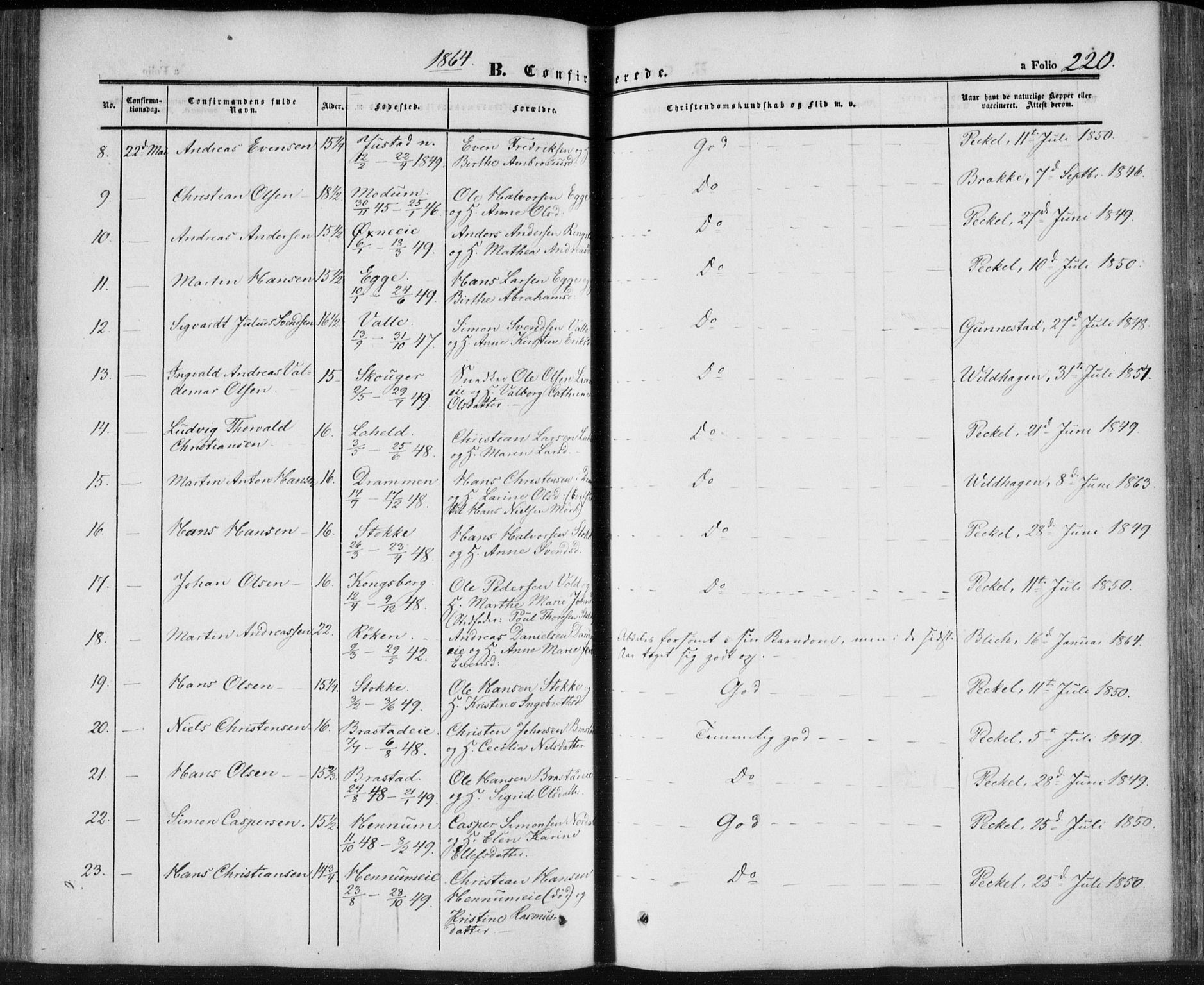 Lier kirkebøker, AV/SAKO-A-230/F/Fa/L0012: Parish register (official) no. I 12, 1854-1864, p. 220