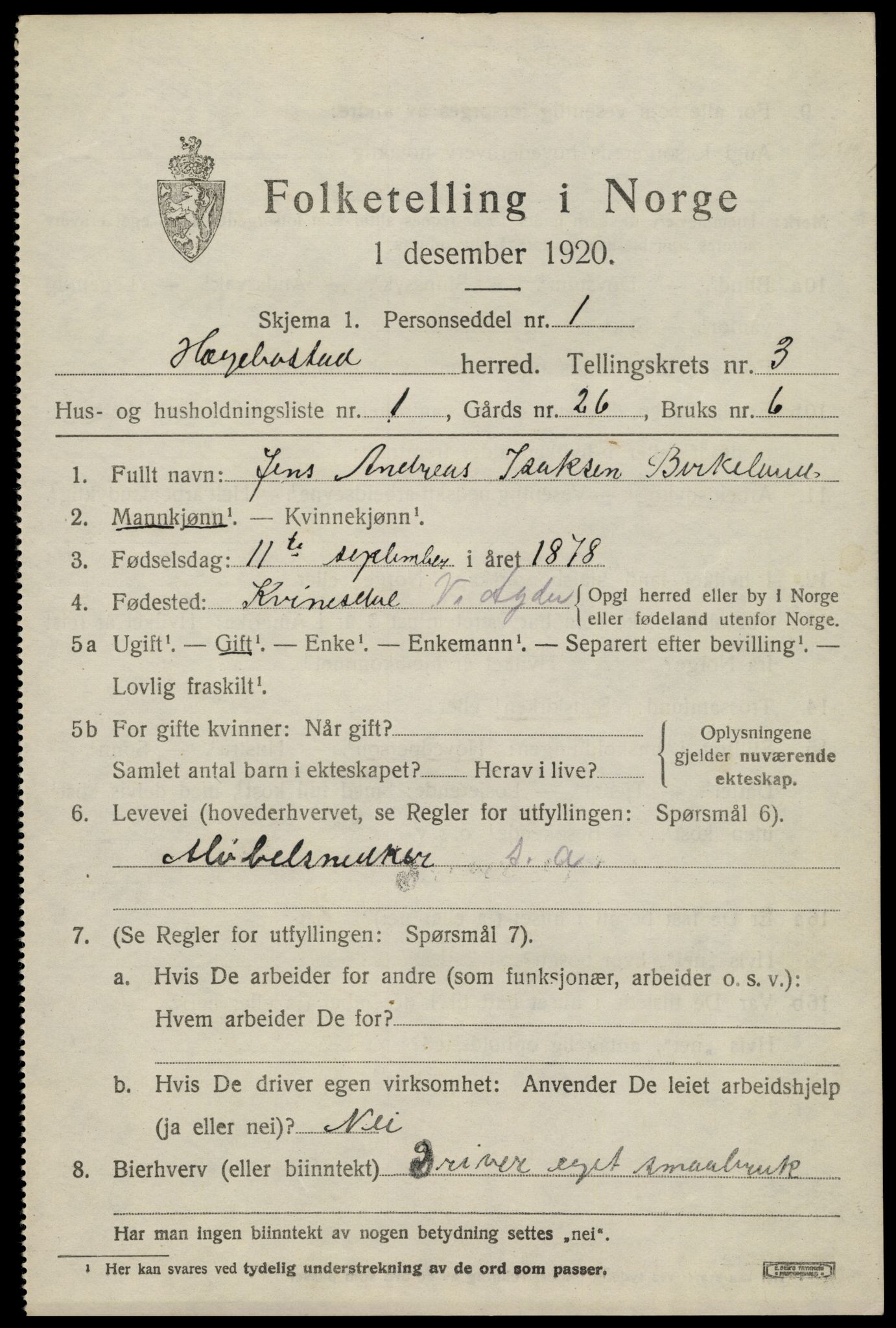 SAK, 1920 census for Hægebostad, 1920, p. 1111