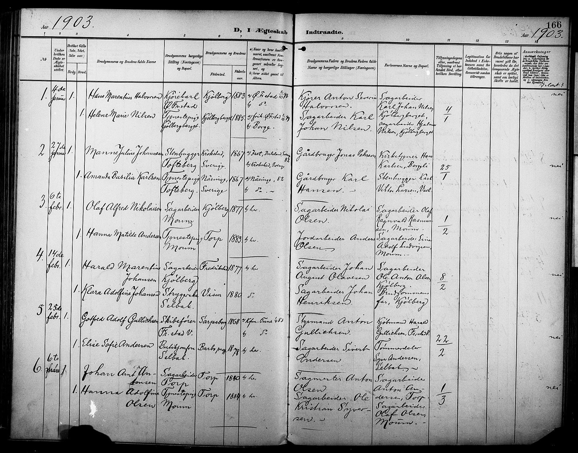 Borge prestekontor Kirkebøker, AV/SAO-A-10903/F/Fa/L0009: Parish register (official) no. I 9, 1902-1911, p. 166