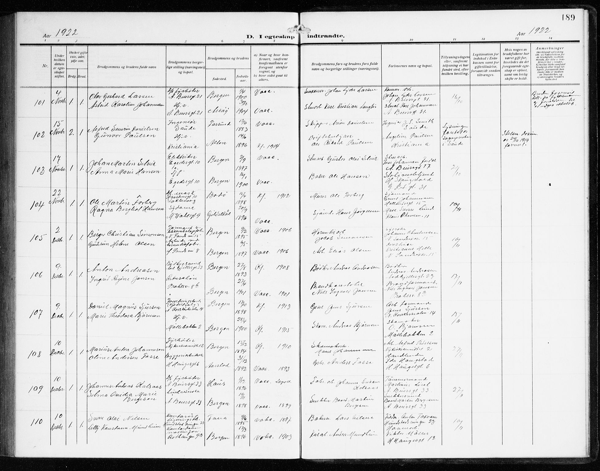 Sandviken Sokneprestembete, AV/SAB-A-77601/H/Ha/L0015: Parish register (official) no. D 2, 1911-1923, p. 189