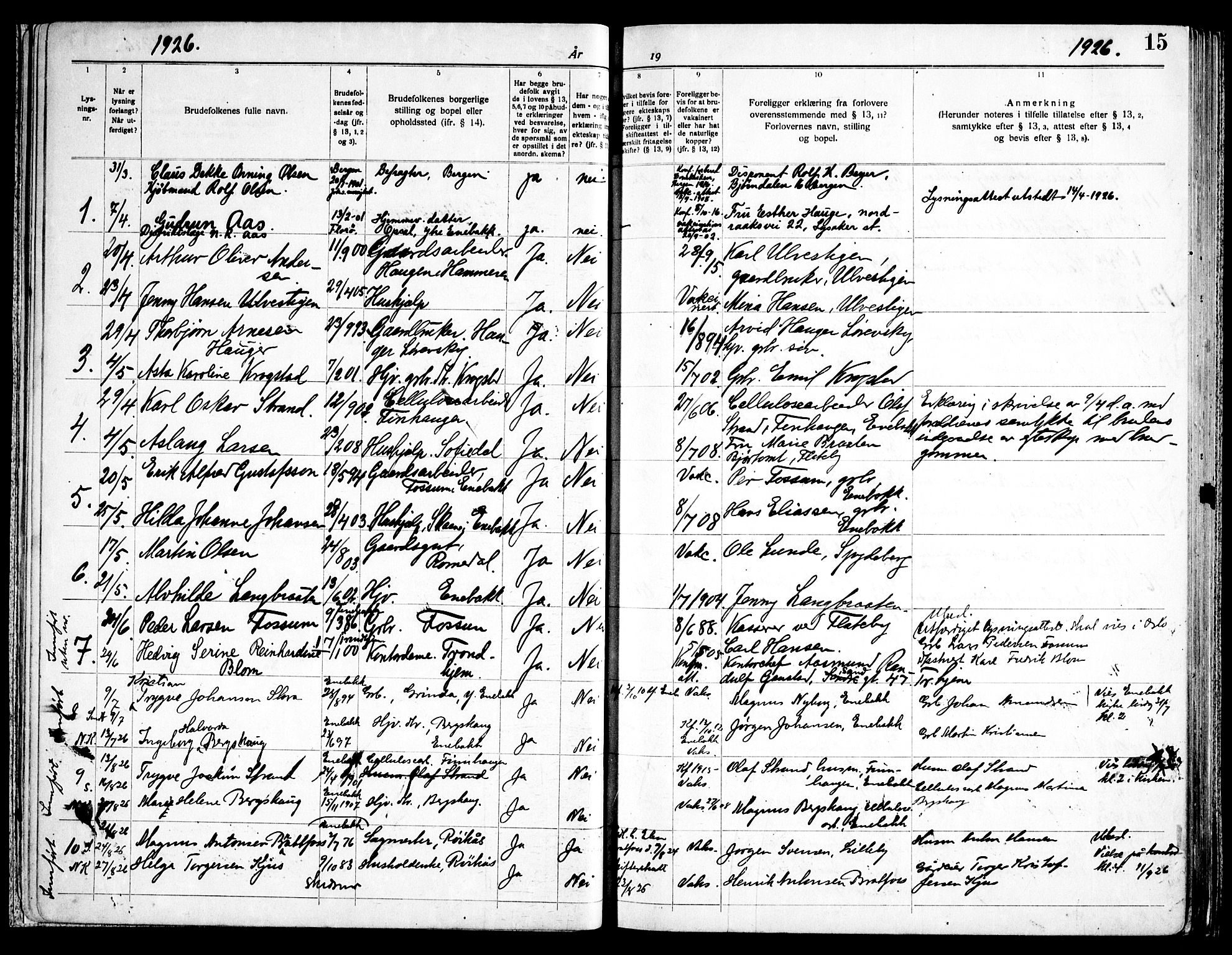 Enebakk prestekontor Kirkebøker, SAO/A-10171c/H/Ha/L0001: Banns register no. 1, 1919-1958, p. 15