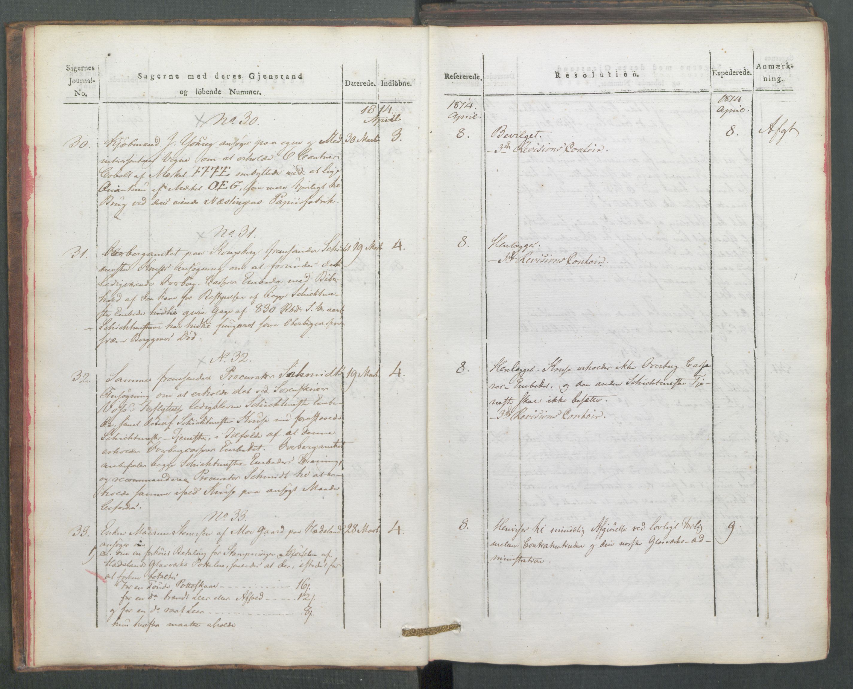 Departementene i 1814, RA/S-3899/Fe/L0054: Journal, 1814