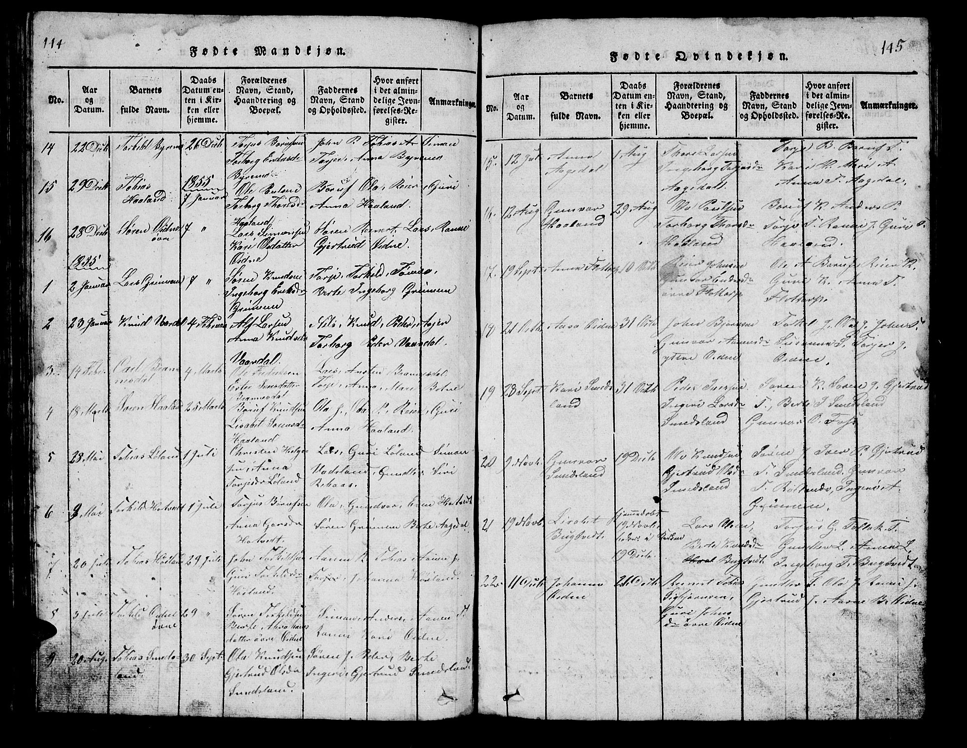 Bjelland sokneprestkontor, SAK/1111-0005/F/Fb/Fbc/L0001: Parish register (copy) no. B 1, 1815-1870, p. 144-145