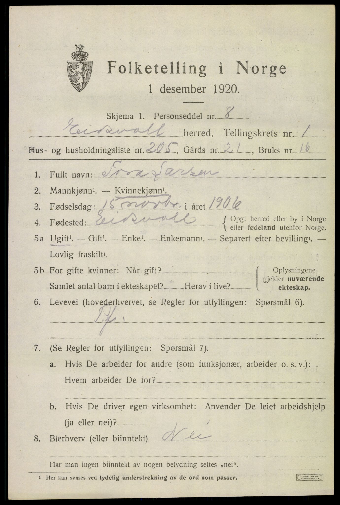 SAO, 1920 census for Eidsvoll, 1920, p. 6461