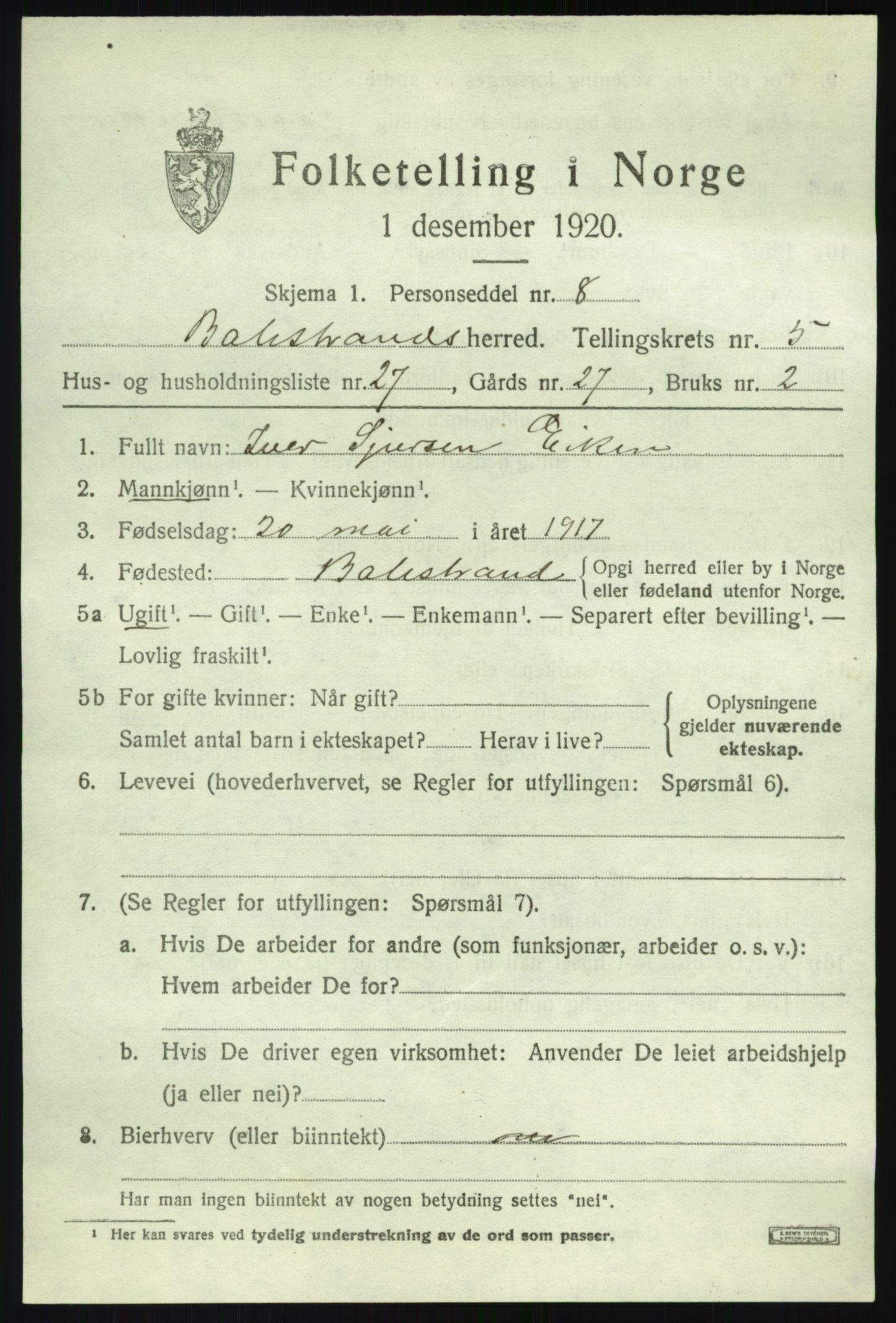 SAB, 1920 census for Balestrand, 1920, p. 2848