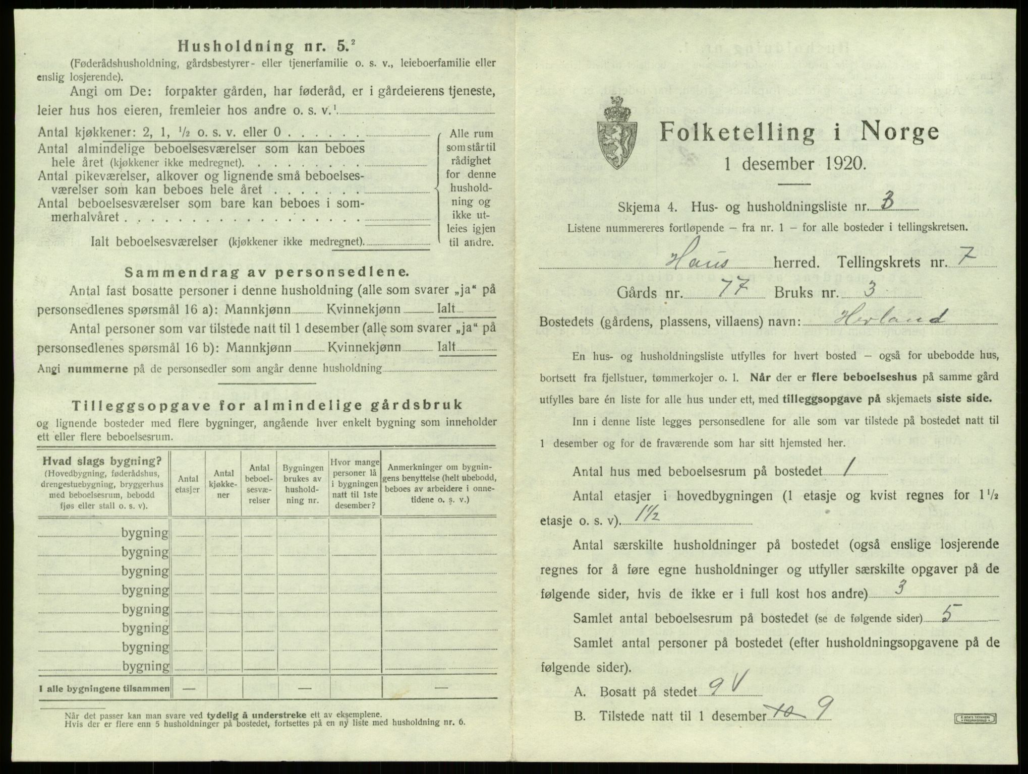 SAB, 1920 census for Haus, 1920, p. 425