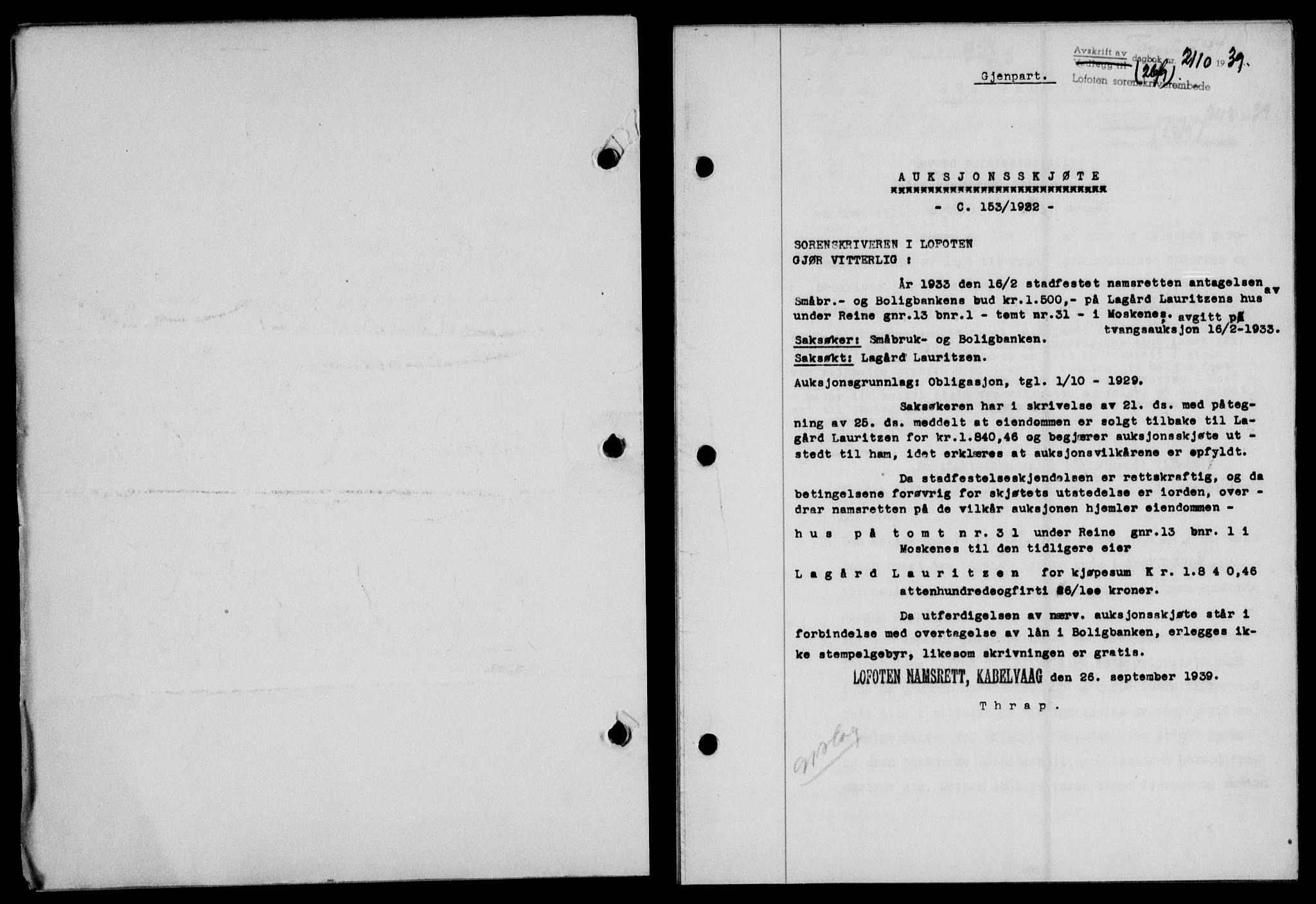 Lofoten sorenskriveri, SAT/A-0017/1/2/2C/L0006a: Mortgage book no. 6a, 1939-1939, Diary no: : 2110/1939