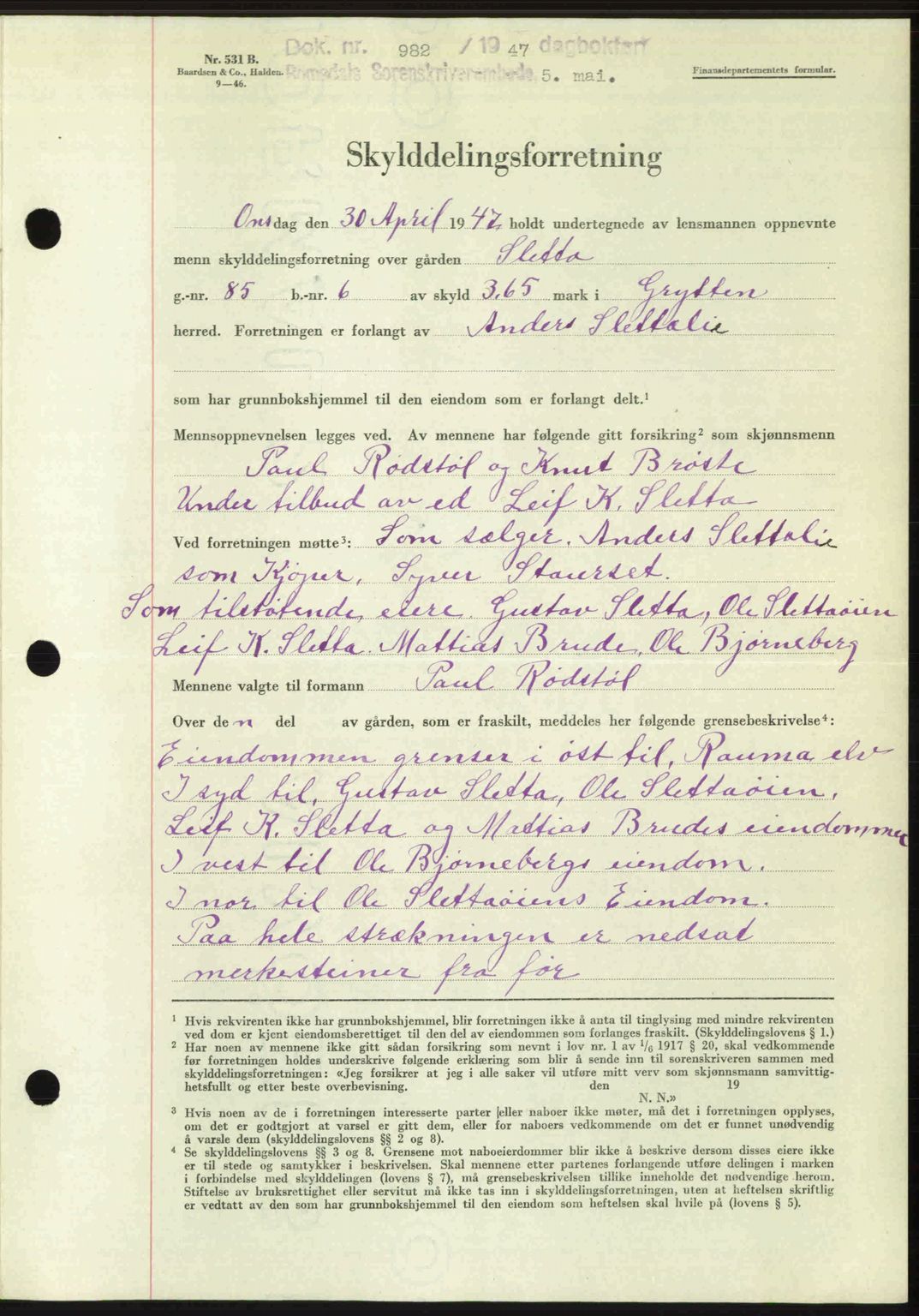 Romsdal sorenskriveri, AV/SAT-A-4149/1/2/2C: Mortgage book no. A22, 1947-1947, Diary no: : 982/1947