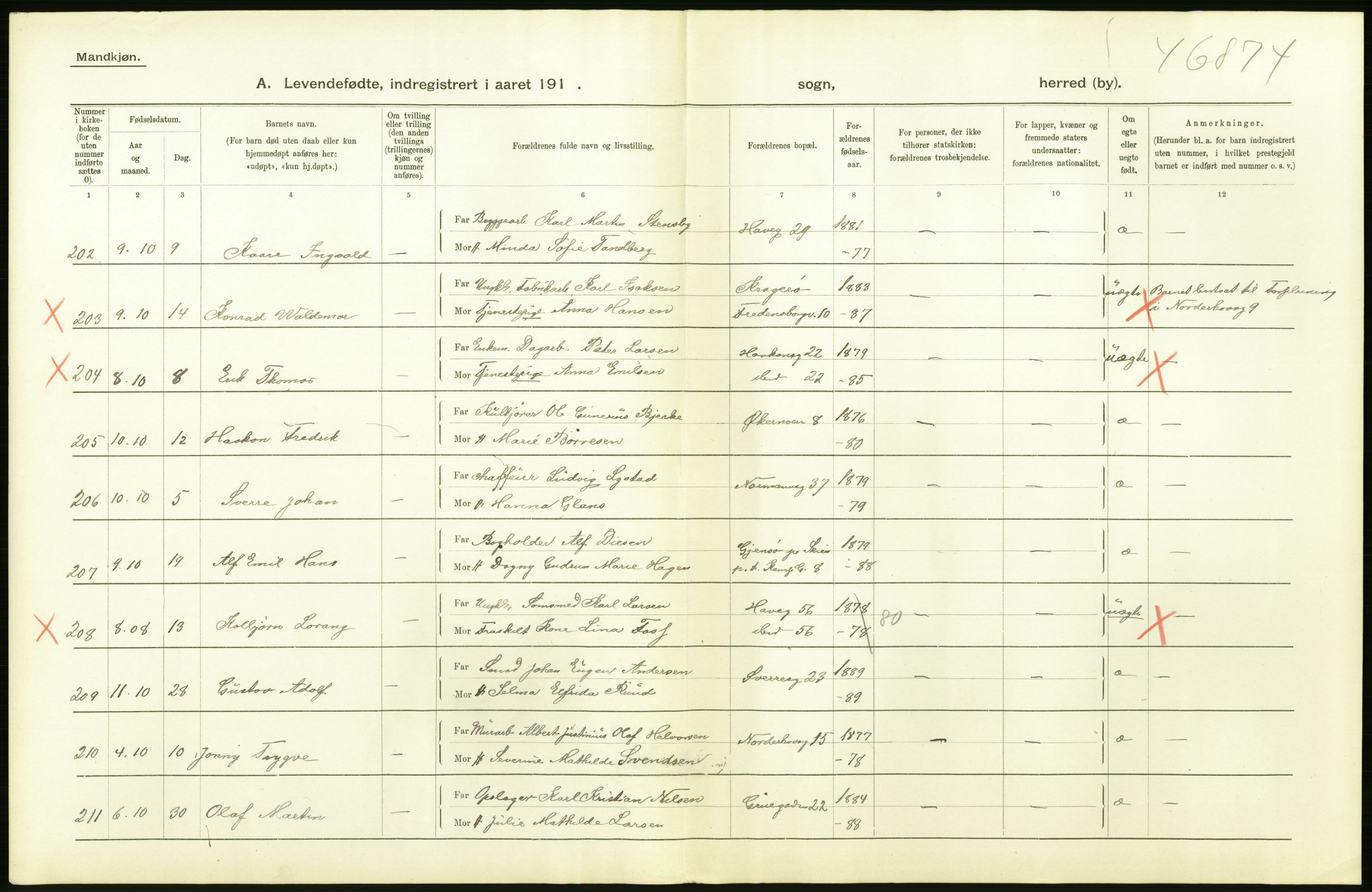 Statistisk sentralbyrå, Sosiodemografiske emner, Befolkning, AV/RA-S-2228/D/Df/Dfa/Dfah/L0006: Kristiania: Levendefødte menn., 1910, p. 314