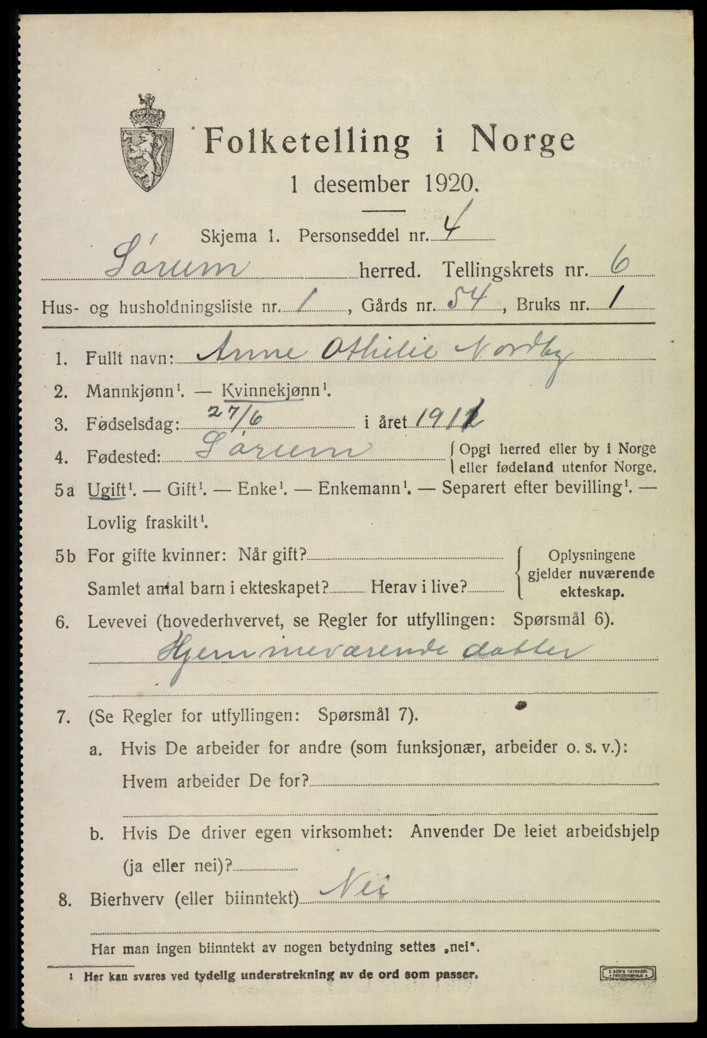 SAO, 1920 census for Sørum, 1920, p. 5453