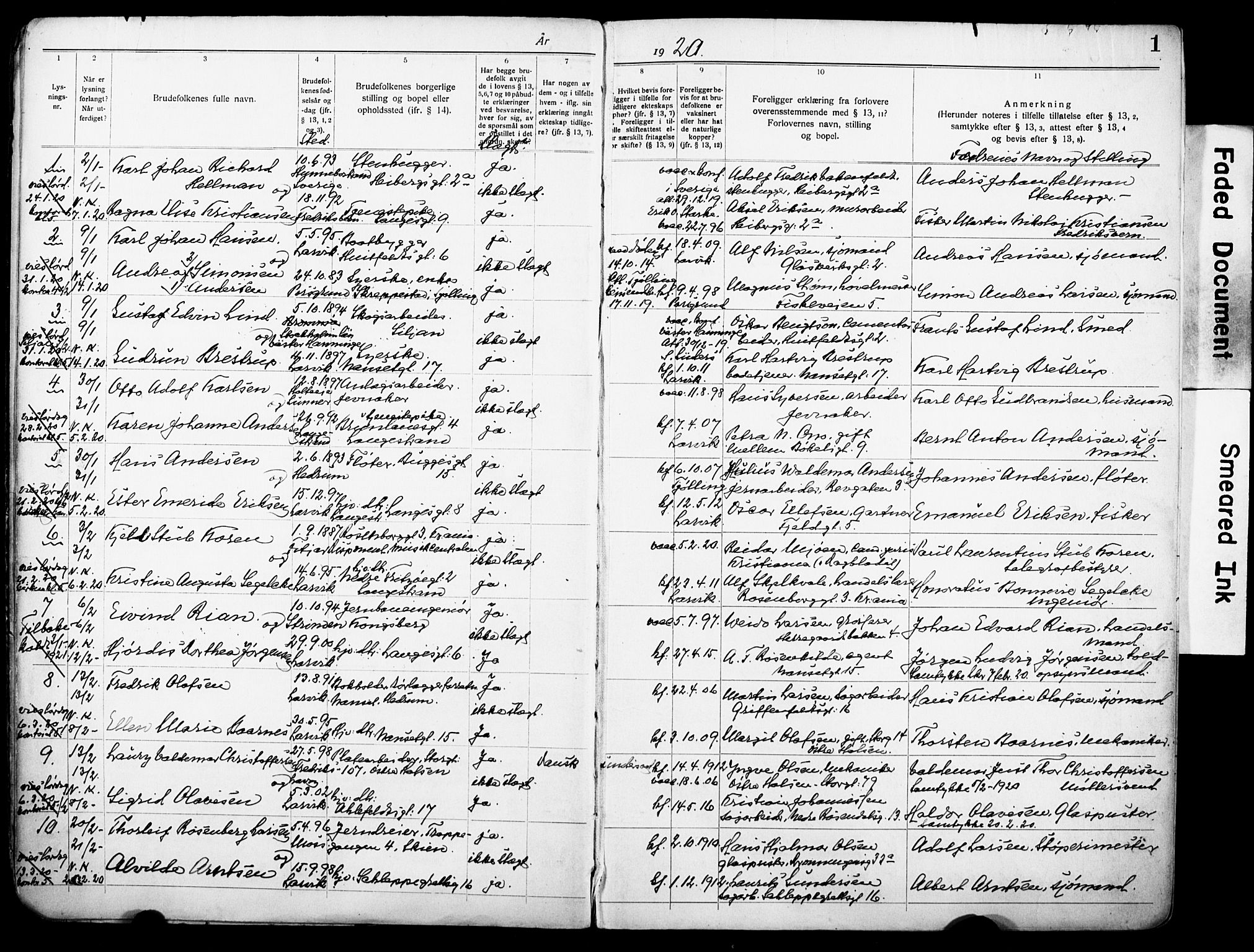 Larvik kirkebøker, SAKO/A-352/H/Ha/L0005: Banns register no. 5, 1920-1933, p. 1