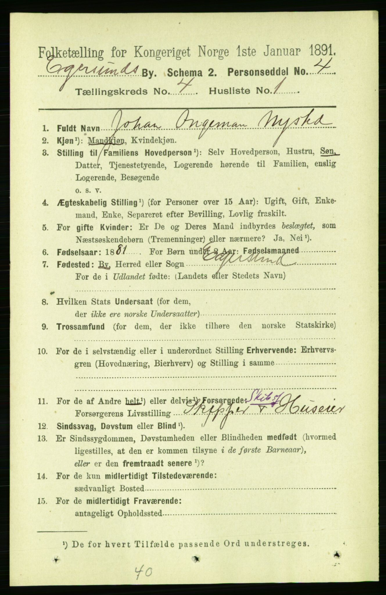 RA, 1891 census for 1101 Egersund, 1891, p. 603