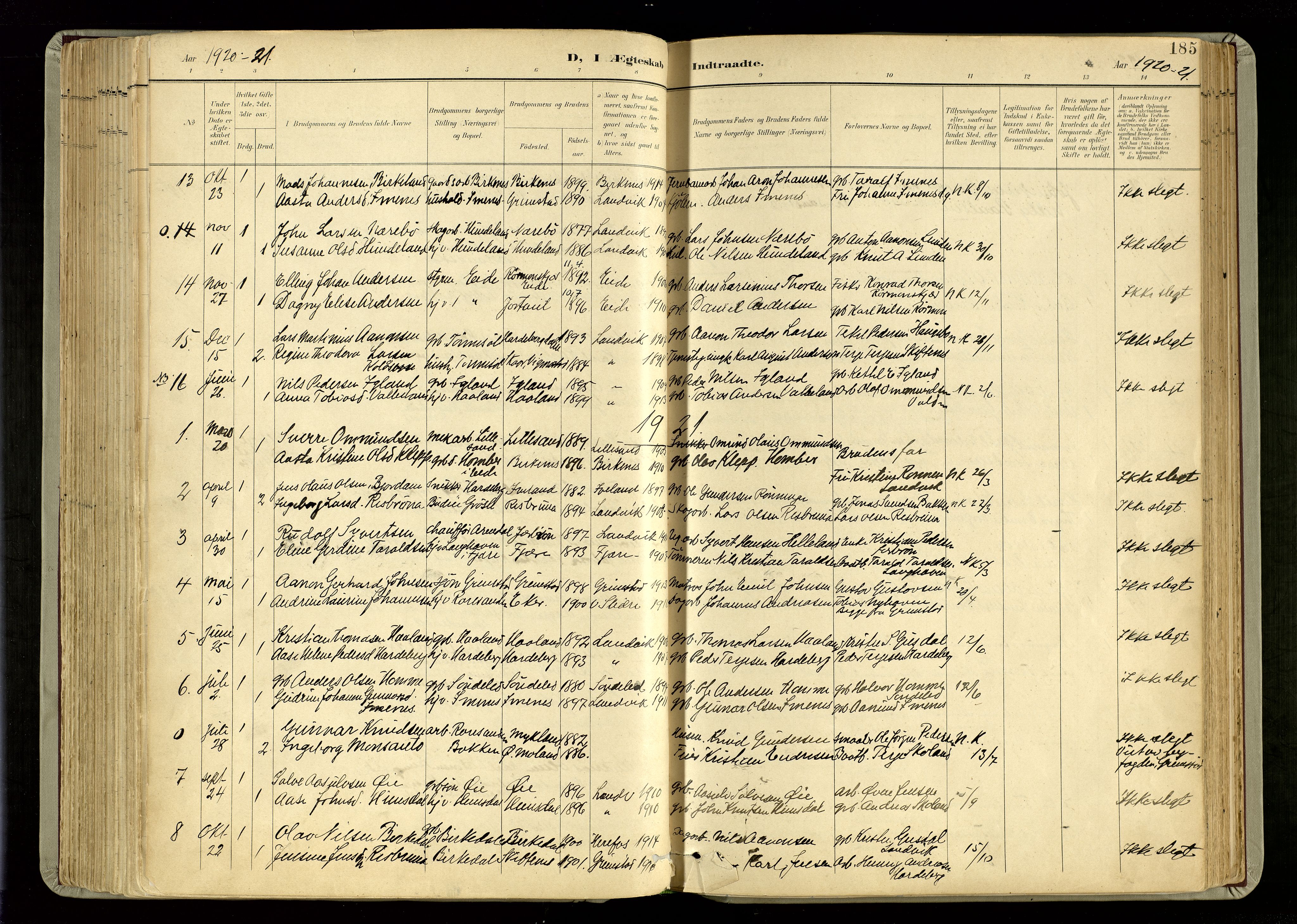 Hommedal sokneprestkontor, AV/SAK-1111-0023/F/Fa/Fab/L0007: Parish register (official) no. A 7, 1898-1924, p. 185