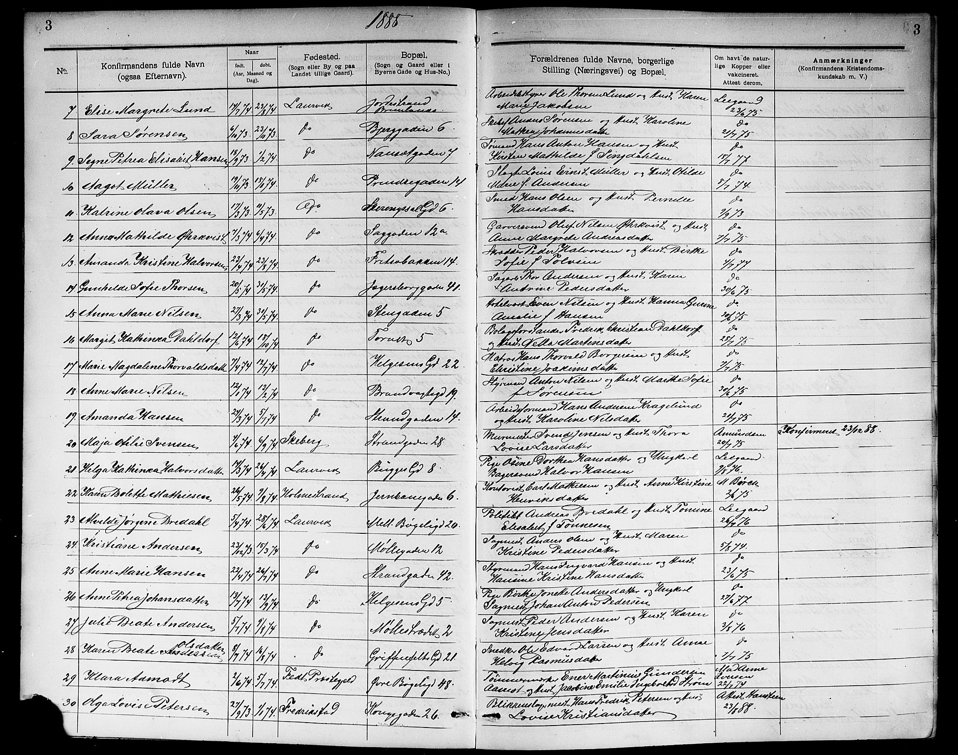 Larvik kirkebøker, SAKO/A-352/G/Ga/L0006: Parish register (copy) no. I 6, 1888-1917, p. 3