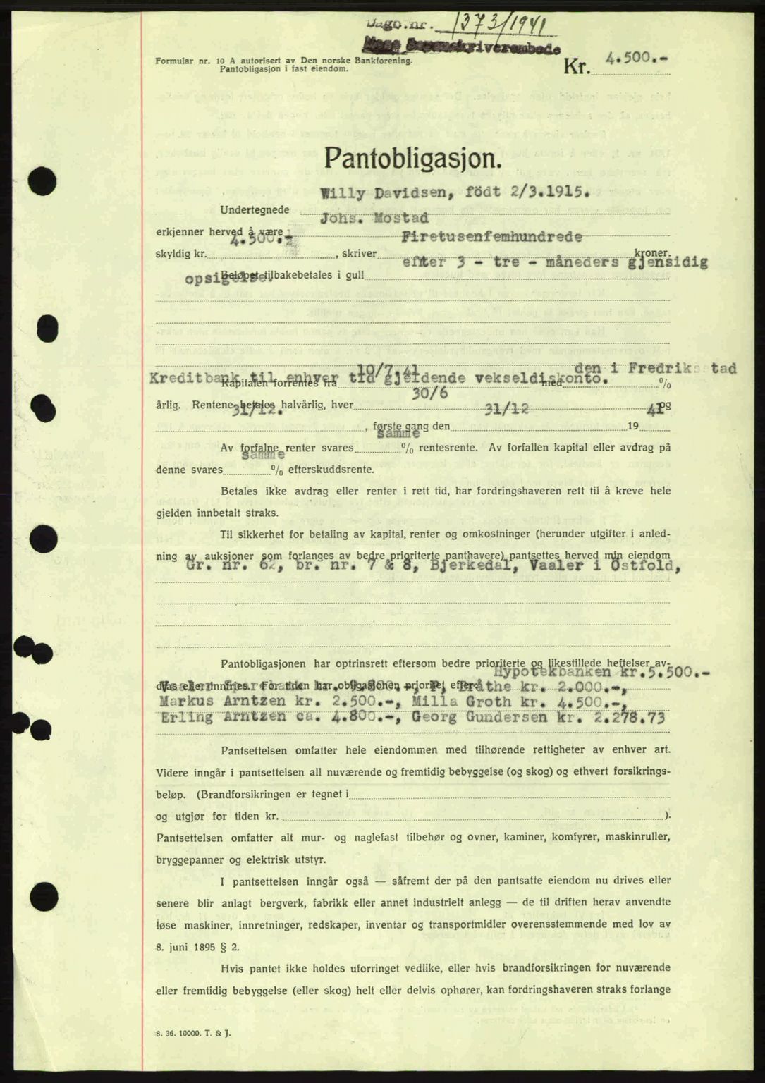 Moss sorenskriveri, AV/SAO-A-10168: Mortgage book no. B11, 1941-1942, Diary no: : 1373/1941