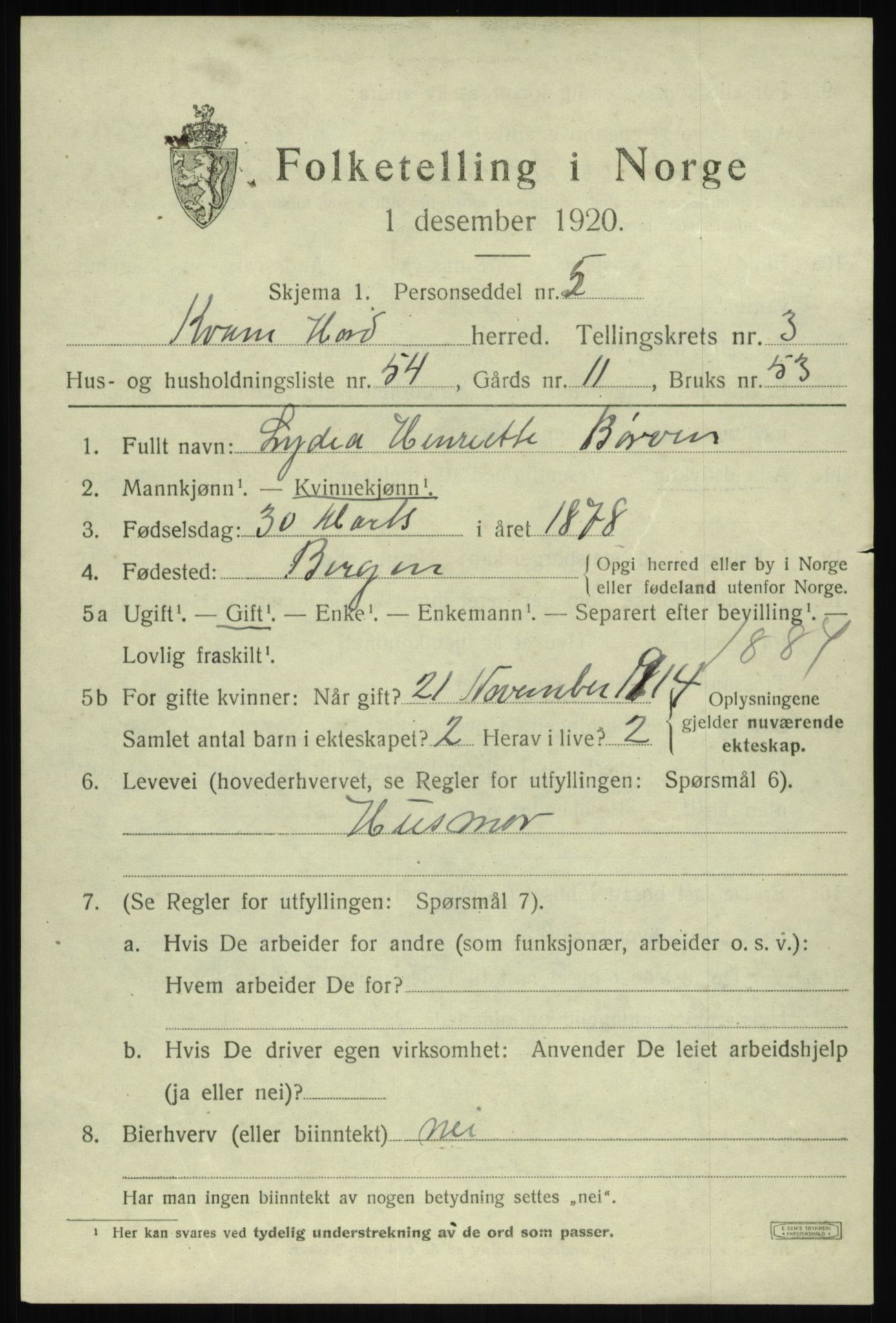 SAB, 1920 census for Kvam, 1920, p. 3227