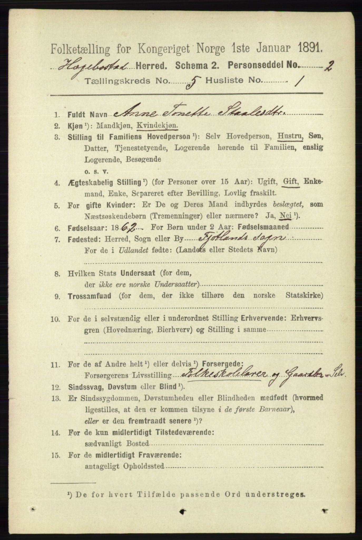 RA, 1891 census for 1034 Hægebostad, 1891, p. 1491