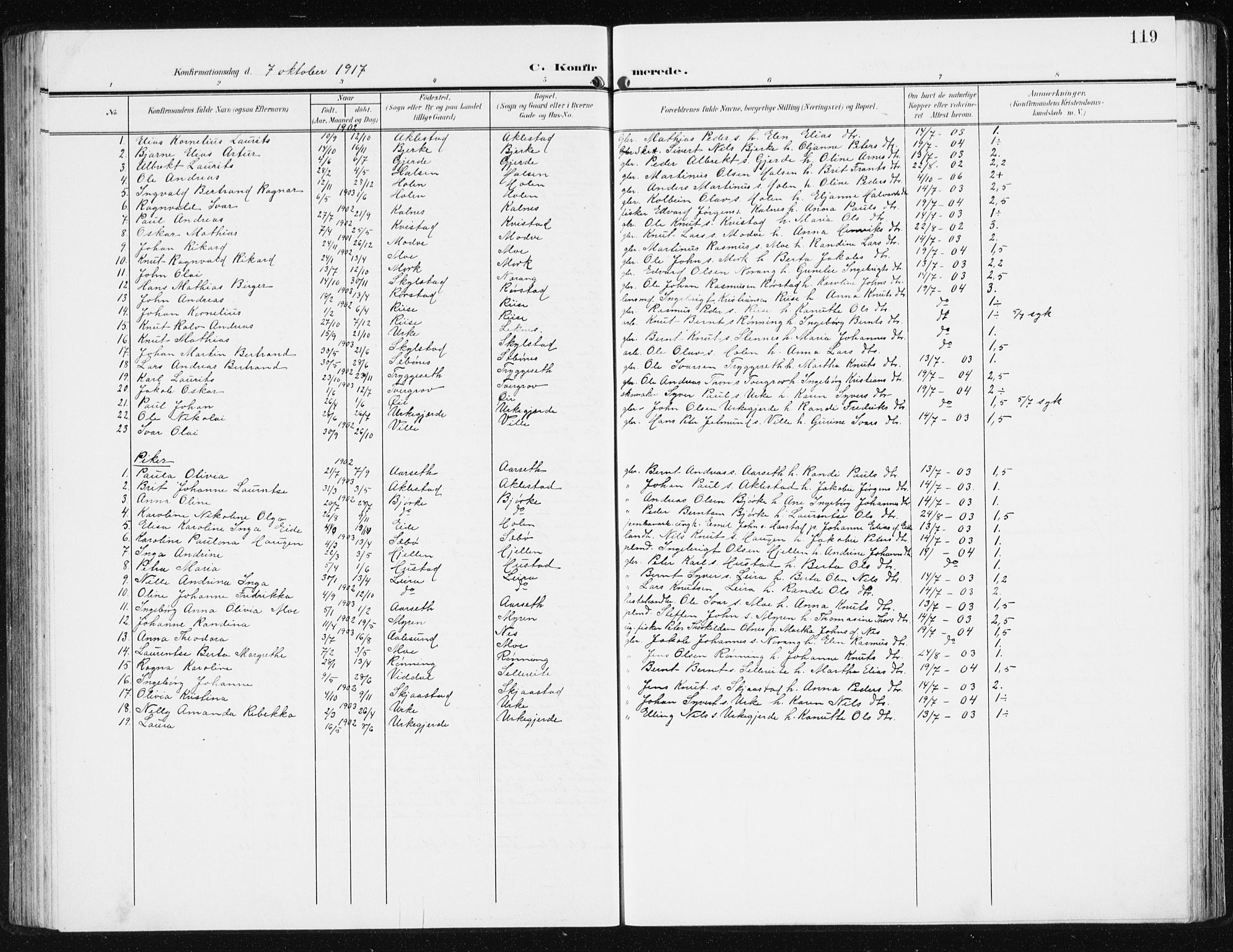 Ministerialprotokoller, klokkerbøker og fødselsregistre - Møre og Romsdal, AV/SAT-A-1454/515/L0216: Parish register (copy) no. 515C03, 1906-1941, p. 119