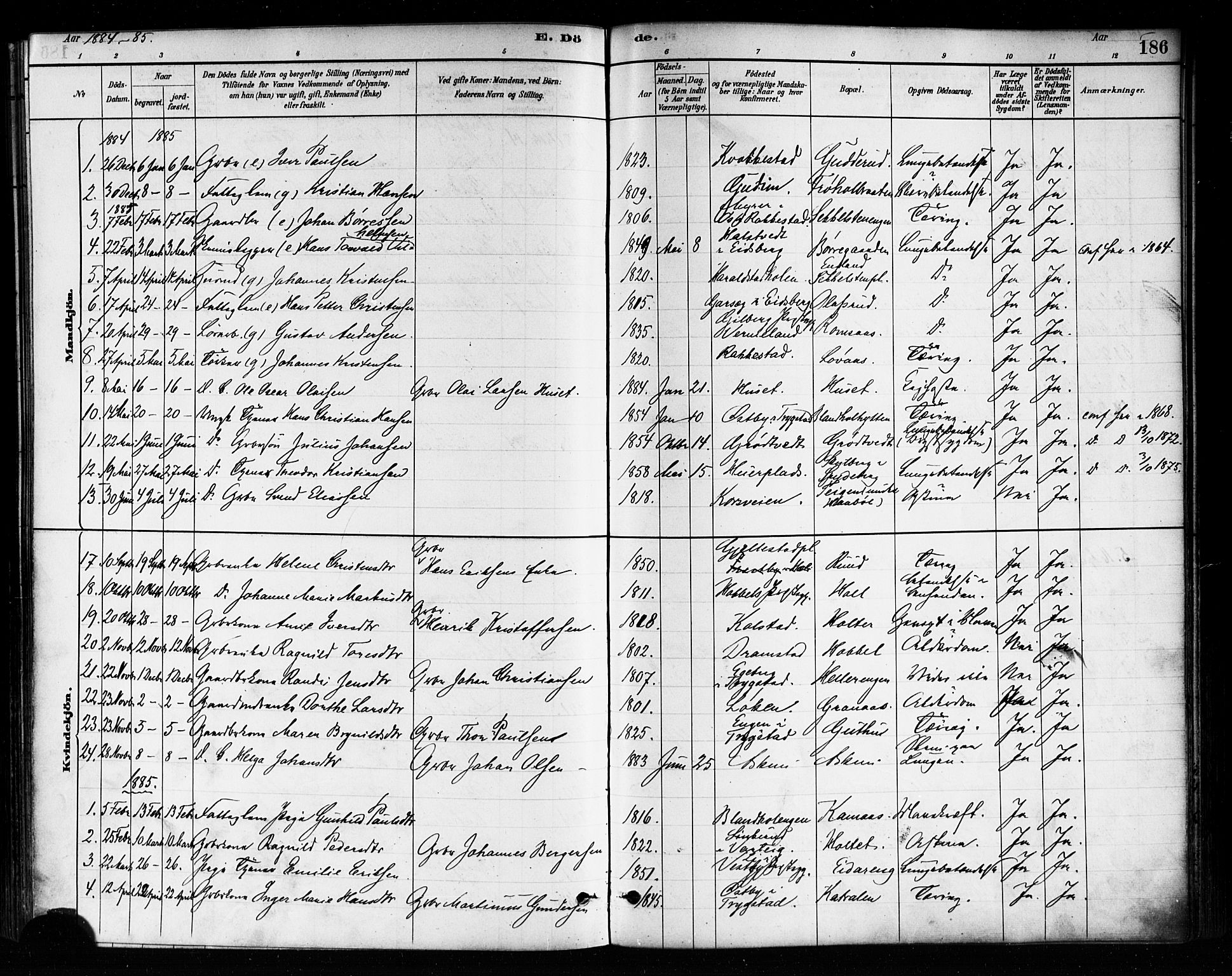 Askim prestekontor Kirkebøker, SAO/A-10900/F/Fa/L0007: Parish register (official) no. 7, 1882-1897, p. 186