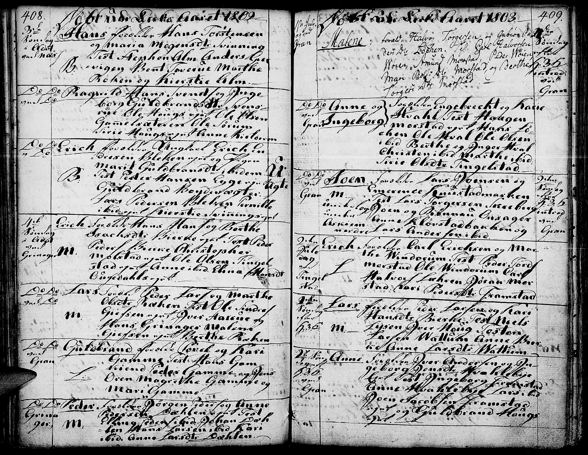 Gran prestekontor, SAH/PREST-112/H/Ha/Haa/L0006: Parish register (official) no. 6, 1787-1824, p. 408-409