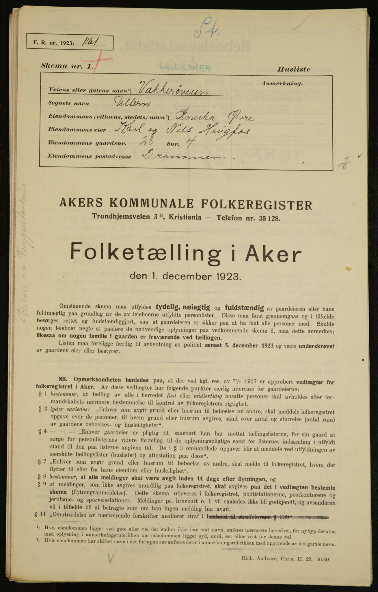 , Municipal Census 1923 for Aker, 1923, p. 6998