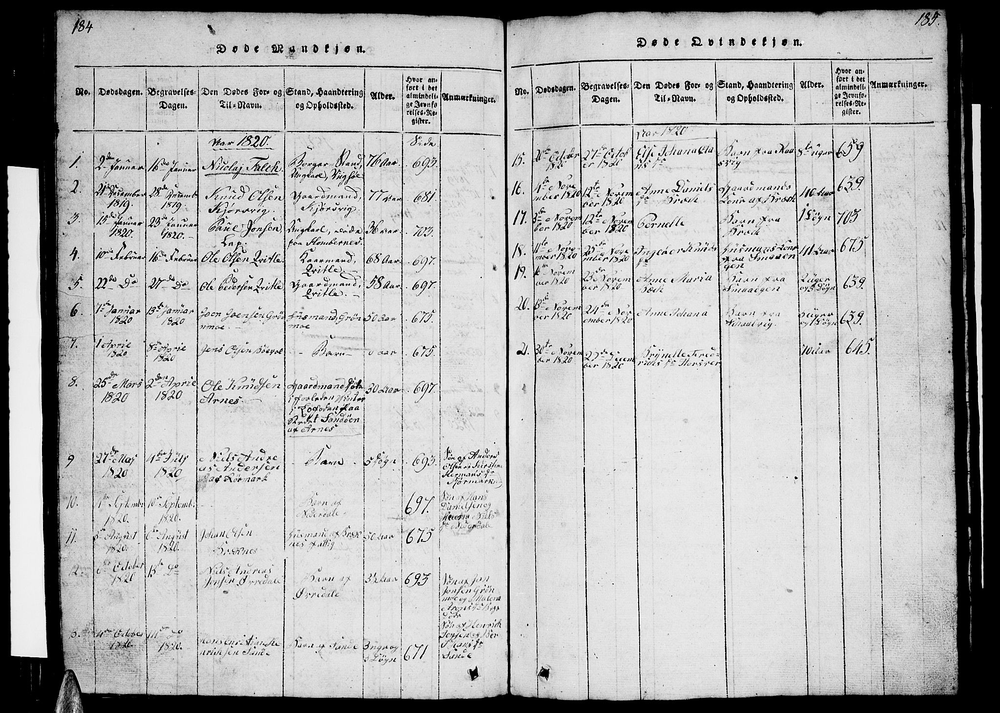 Ministerialprotokoller, klokkerbøker og fødselsregistre - Nordland, SAT/A-1459/812/L0186: Parish register (copy) no. 812C04, 1820-1849, p. 184-185