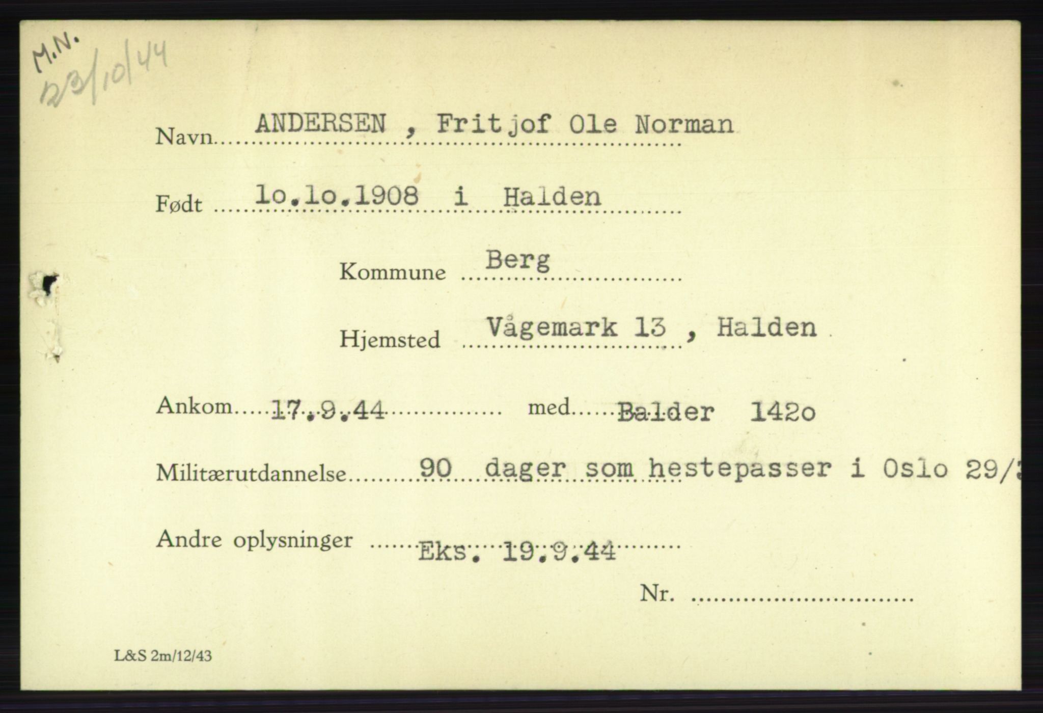 Forsvarets Overkommando. 2. kontor. Arkiv 8.1. Mottakersentralen FDE og FO.II, AV/RA-RAFA-6952/P/Pa/L0001: AA/Å - Andvig , 1940-1945, p. 456