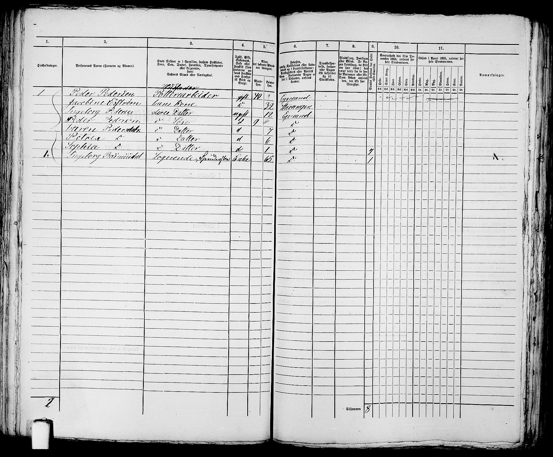 RA, 1865 census for Eigersund parish, Egersund town, 1865, p. 210