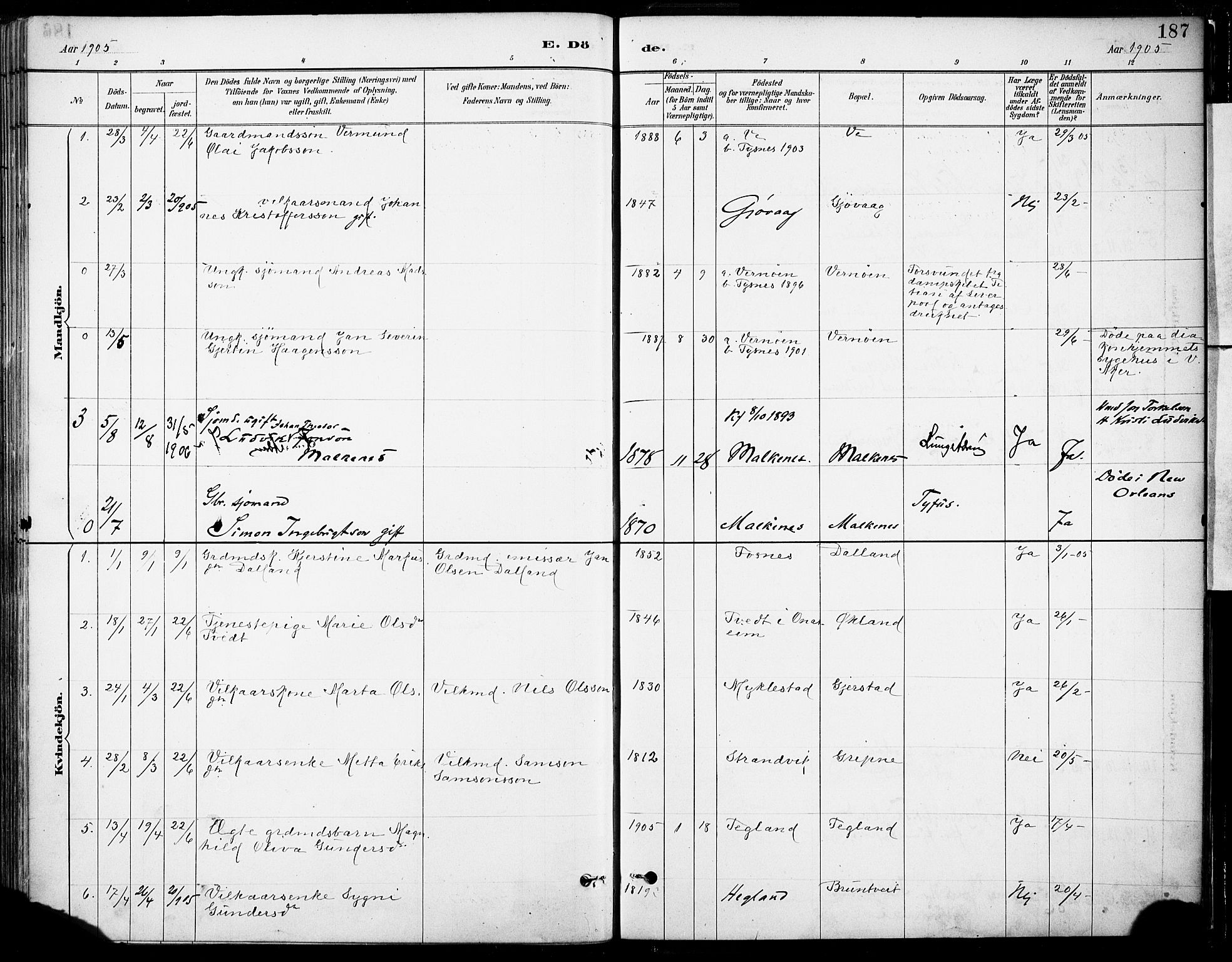 Tysnes sokneprestembete, SAB/A-78601/H/Haa: Parish register (official) no. B 1, 1887-1906, p. 187