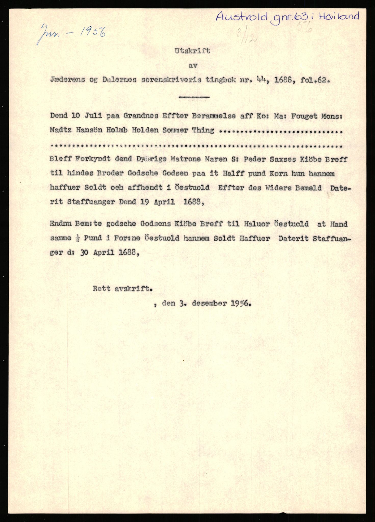 Statsarkivet i Stavanger, SAST/A-101971/03/Y/Yj/L0005: Avskrifter sortert etter gårdsnavn: Austreim - Avinskei, 1750-1930, p. 529
