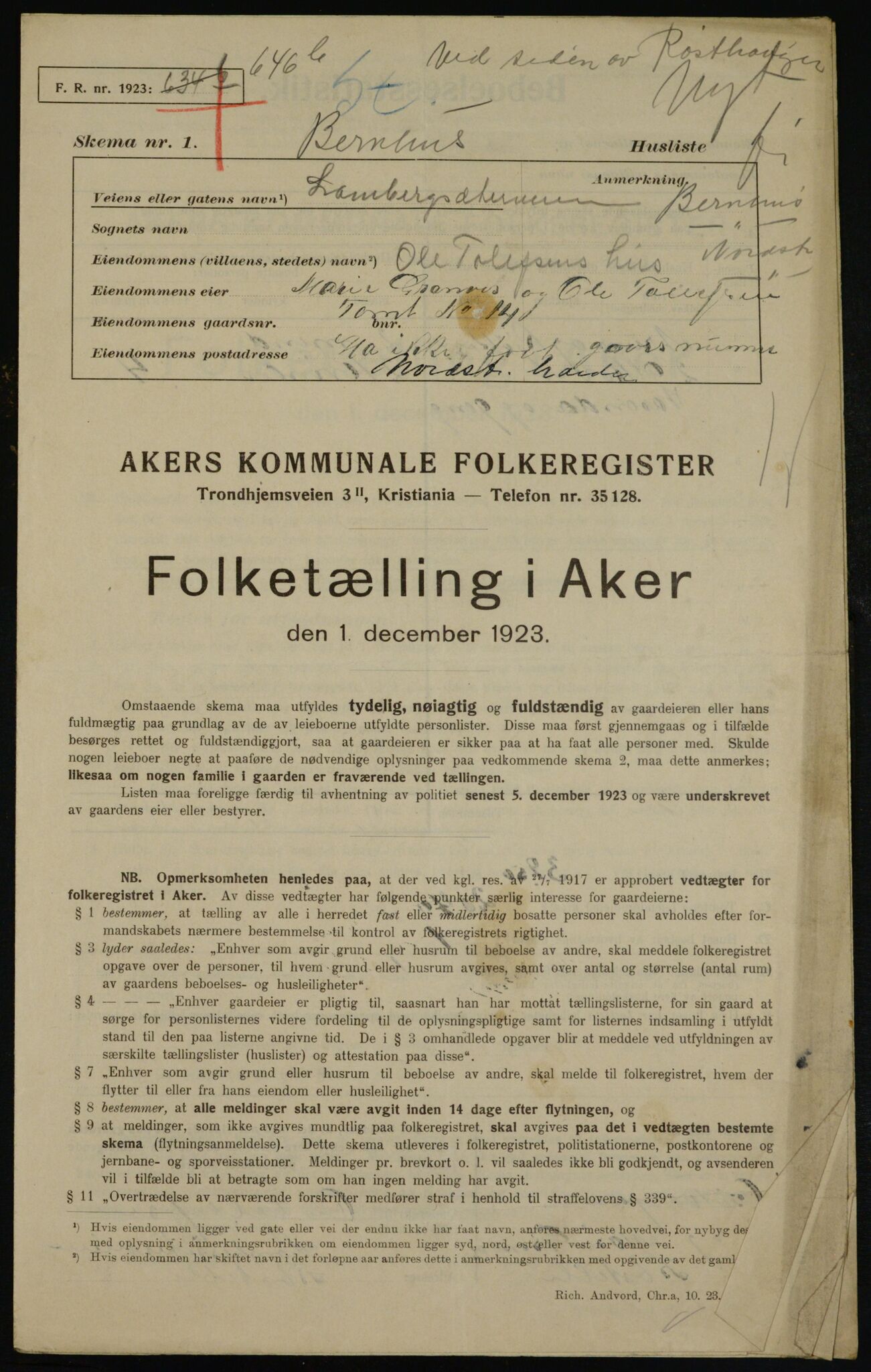 , Municipal Census 1923 for Aker, 1923, p. 40590