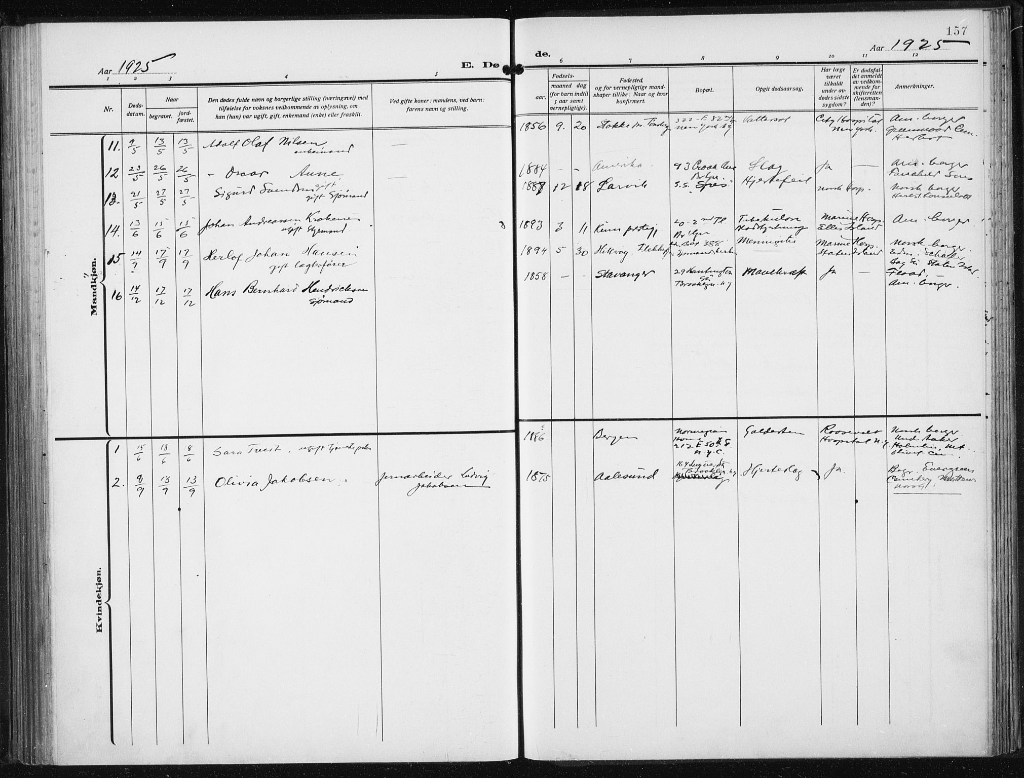 Den norske sjømannsmisjon i utlandet/New York, SAB/SAB/PA-0110/H/Ha/L0008: Parish register (official) no. A 8, 1923-1935, p. 157